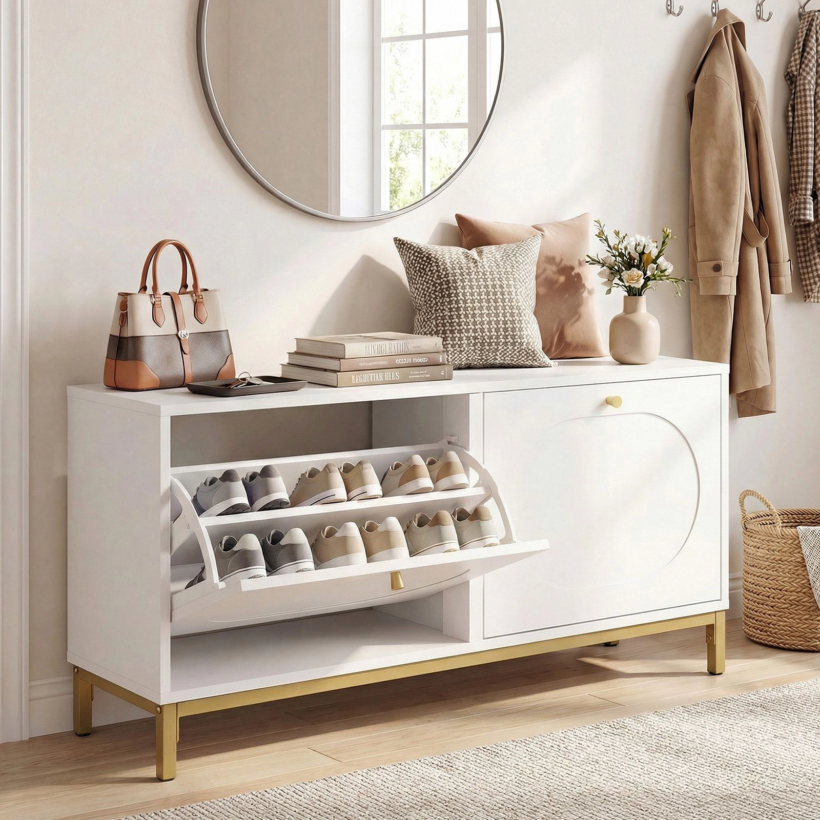 SlickBlue Entryway Shoe Cabinet Bench with 2 Flip Drawers and Shelves