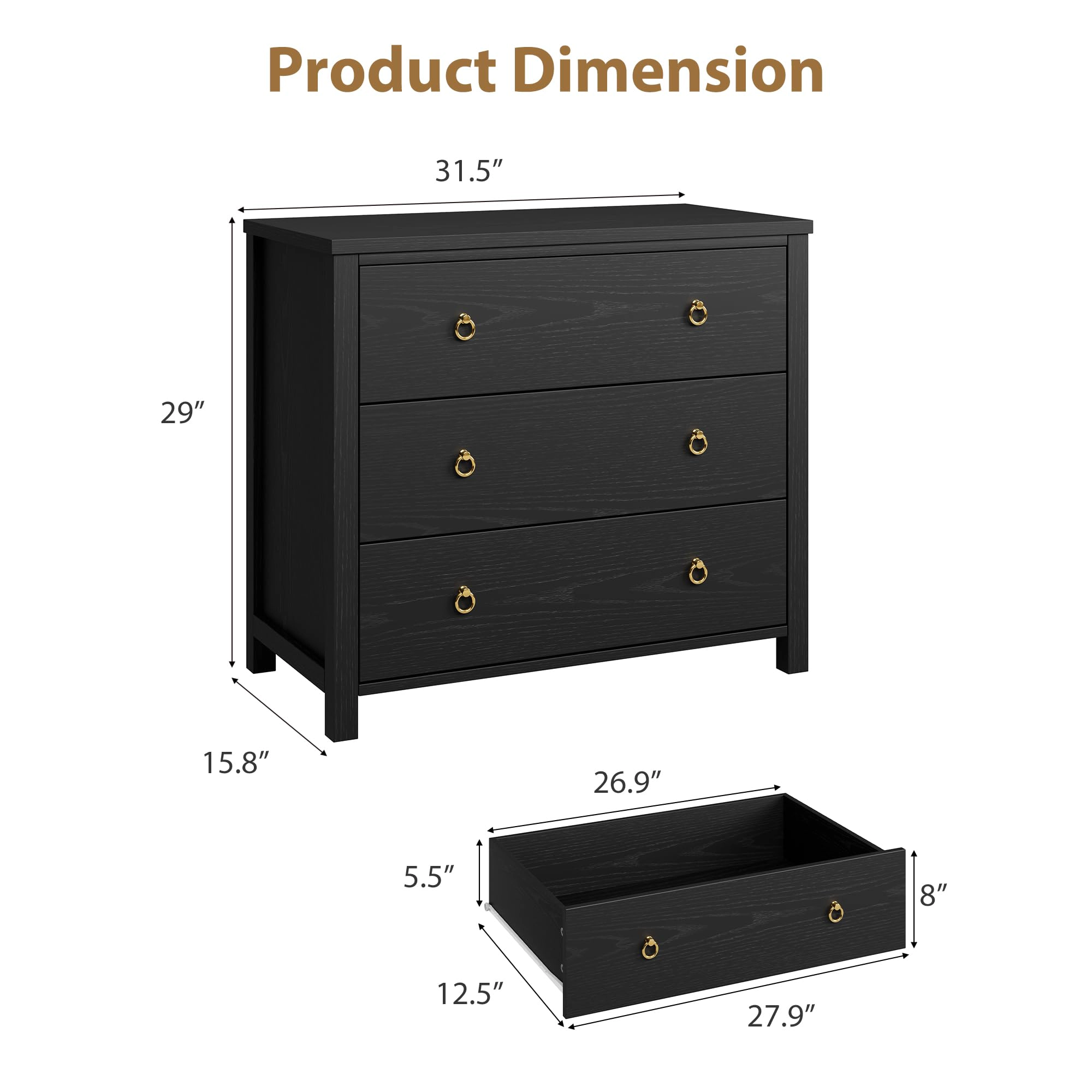 3 Drawer Modern Dresser, 29" Tall Wooden Storage Chest Organizer for Bedroom Living Room Hallway