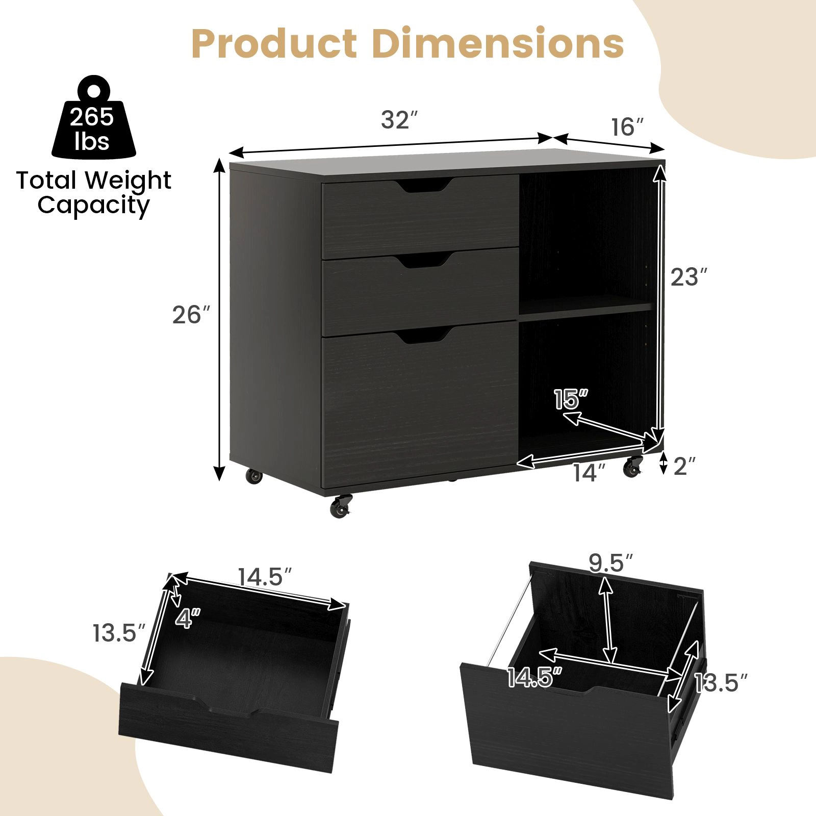 SlickBlue 3-Drawer Mobile File Cabinet with Adjustable Shelf & Printer Stand