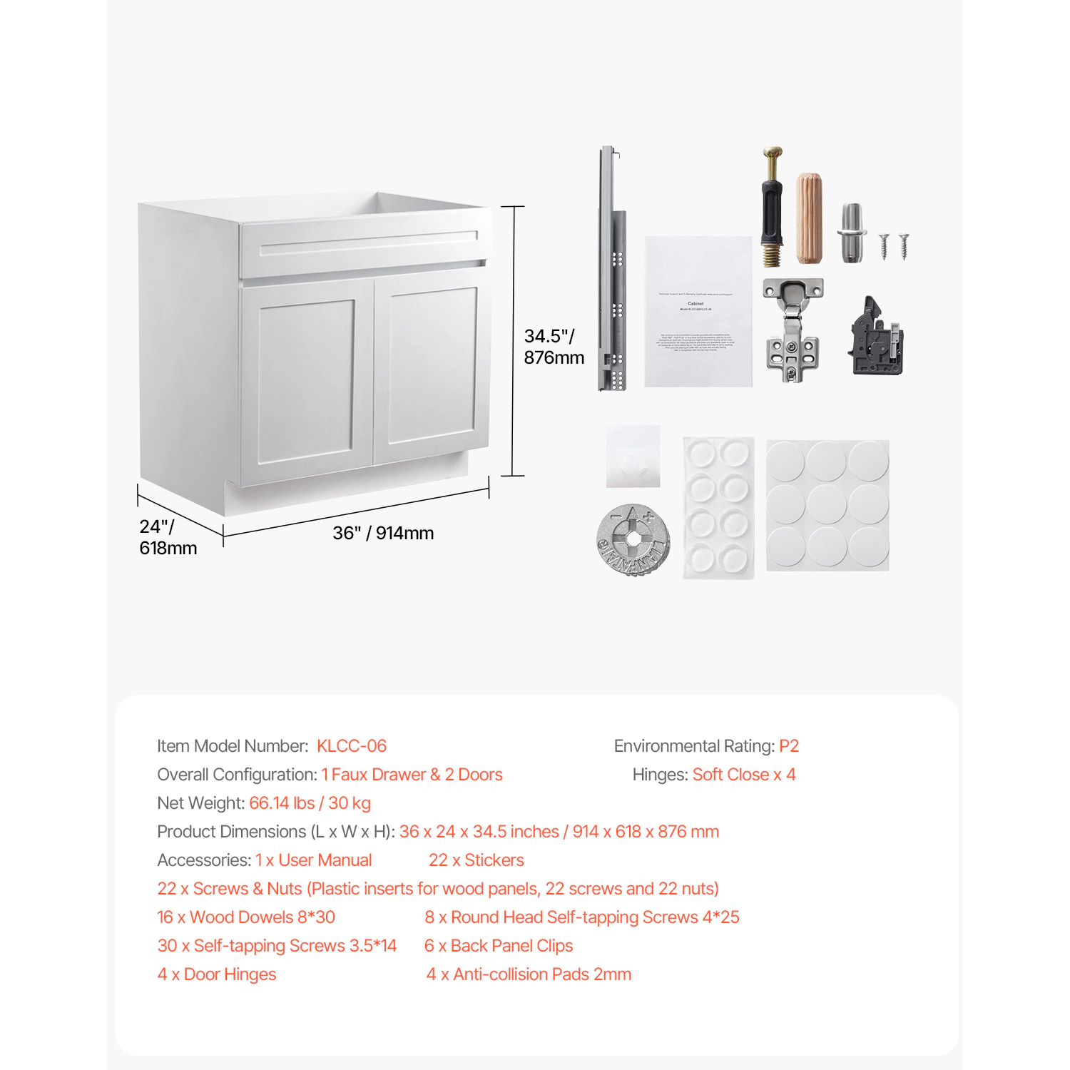 HONGGE White Shaker Base Cabinet with Soft-Close and Adjustable Shelf, Ready to Assemble
