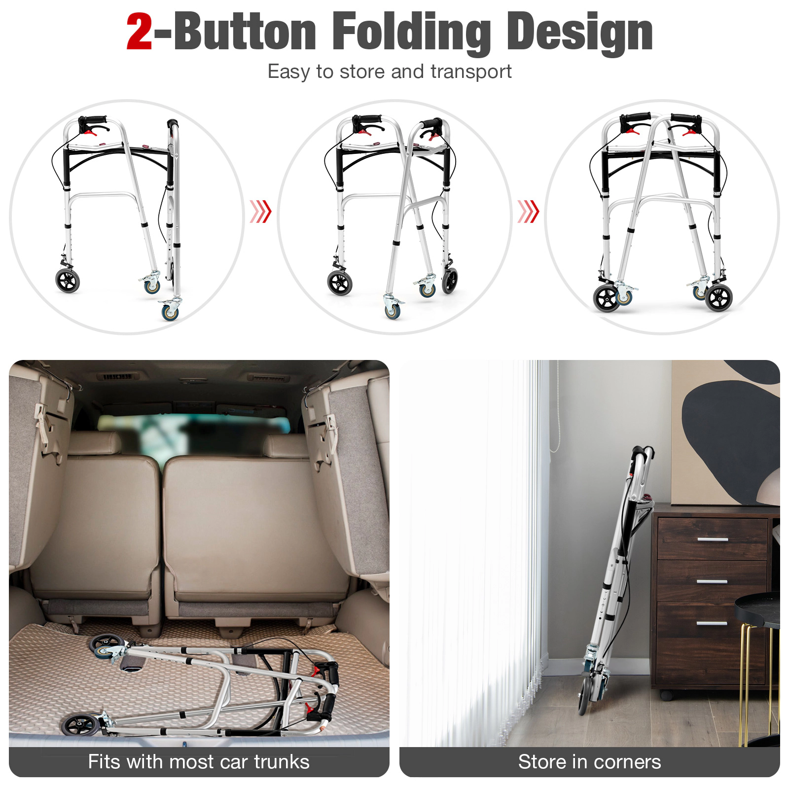 SUGIFT Height Adjustable Aluminum Walker Folding Chair with Rolling Wheels and Brakes 350-lb Capacity Silver