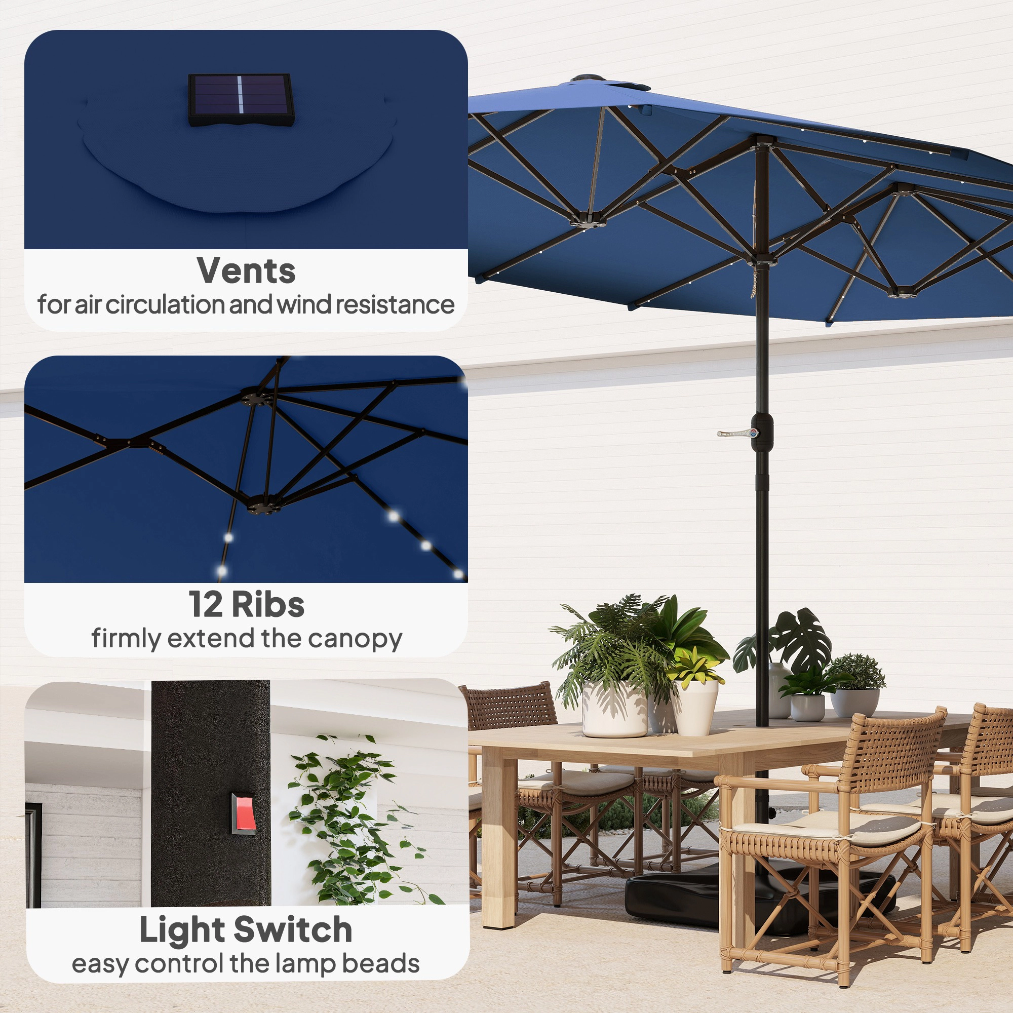 HONGGE Garden Parasol 14.4ft Double-Sided Sun Umbrella with Base Patio LED Solar Lights