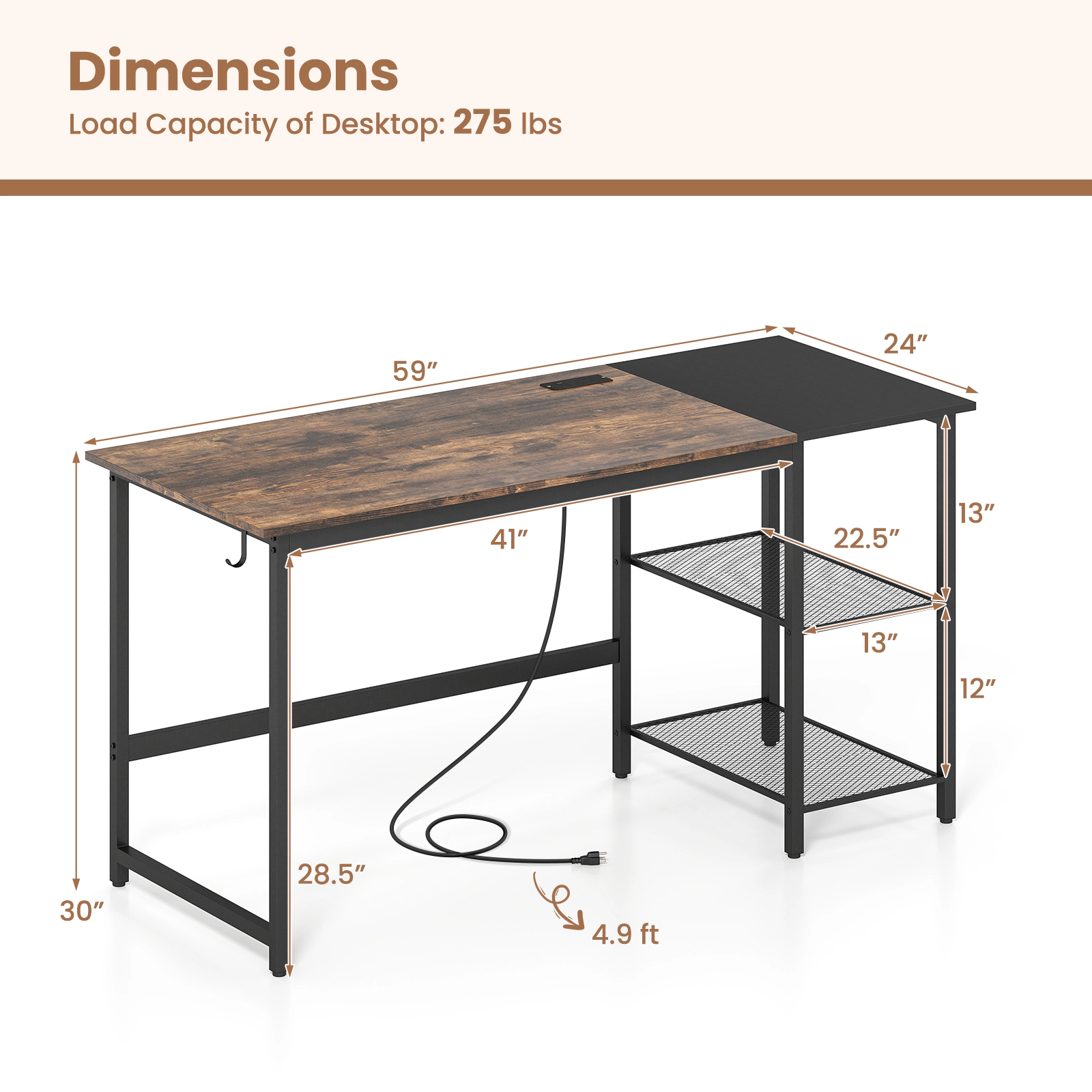SUGIFT Removable Storage Shelves and Charging Station 59 Inch Home Office Computer Desk