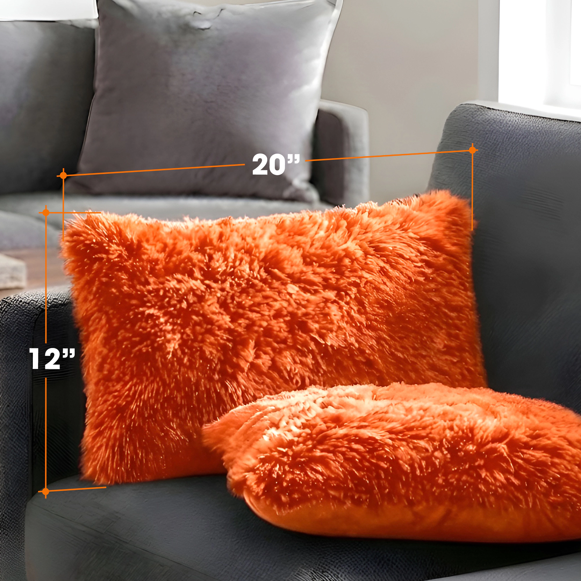 Cheer Collection 2 Pack 12 x 20 Inch All Around Shaggy Faux Fur Lumbar Pillows with Inserts