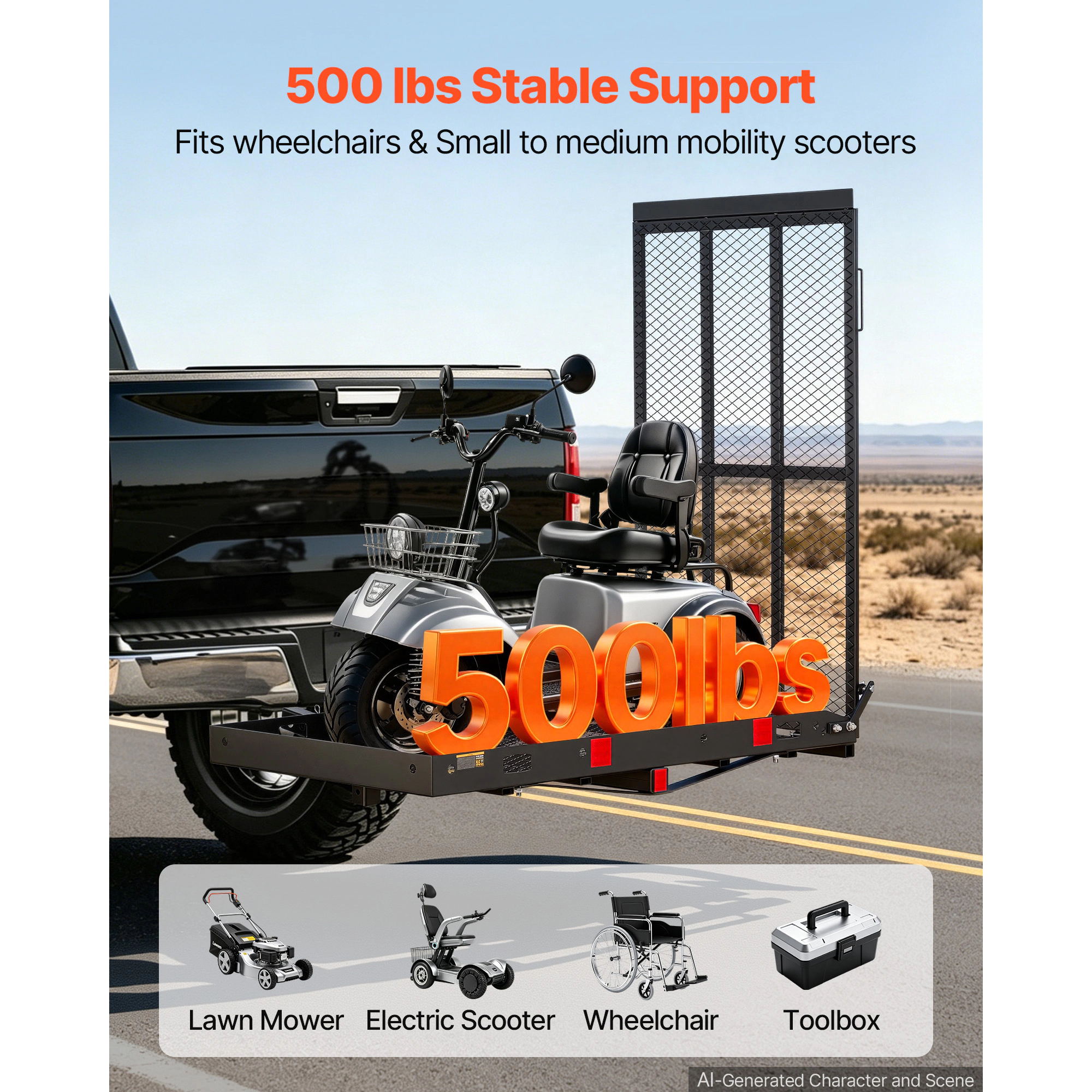 HONGGE Hitch Mount Wheelchair Carrier Height Adjustable 500LBS Steel Mobility Scooter Carrier Cargo Basket with Folding