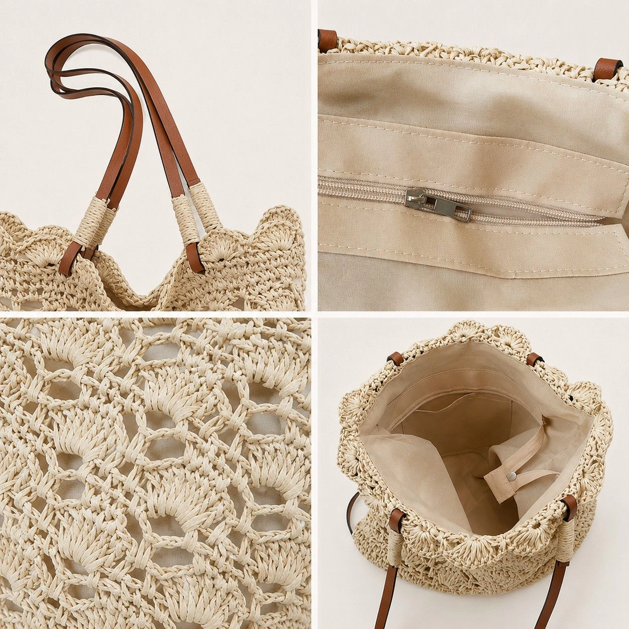 Alilang Women's Crochet Woven Shoulder Bag with Zip Closure and Scalloped Bucket Shape, Khaki