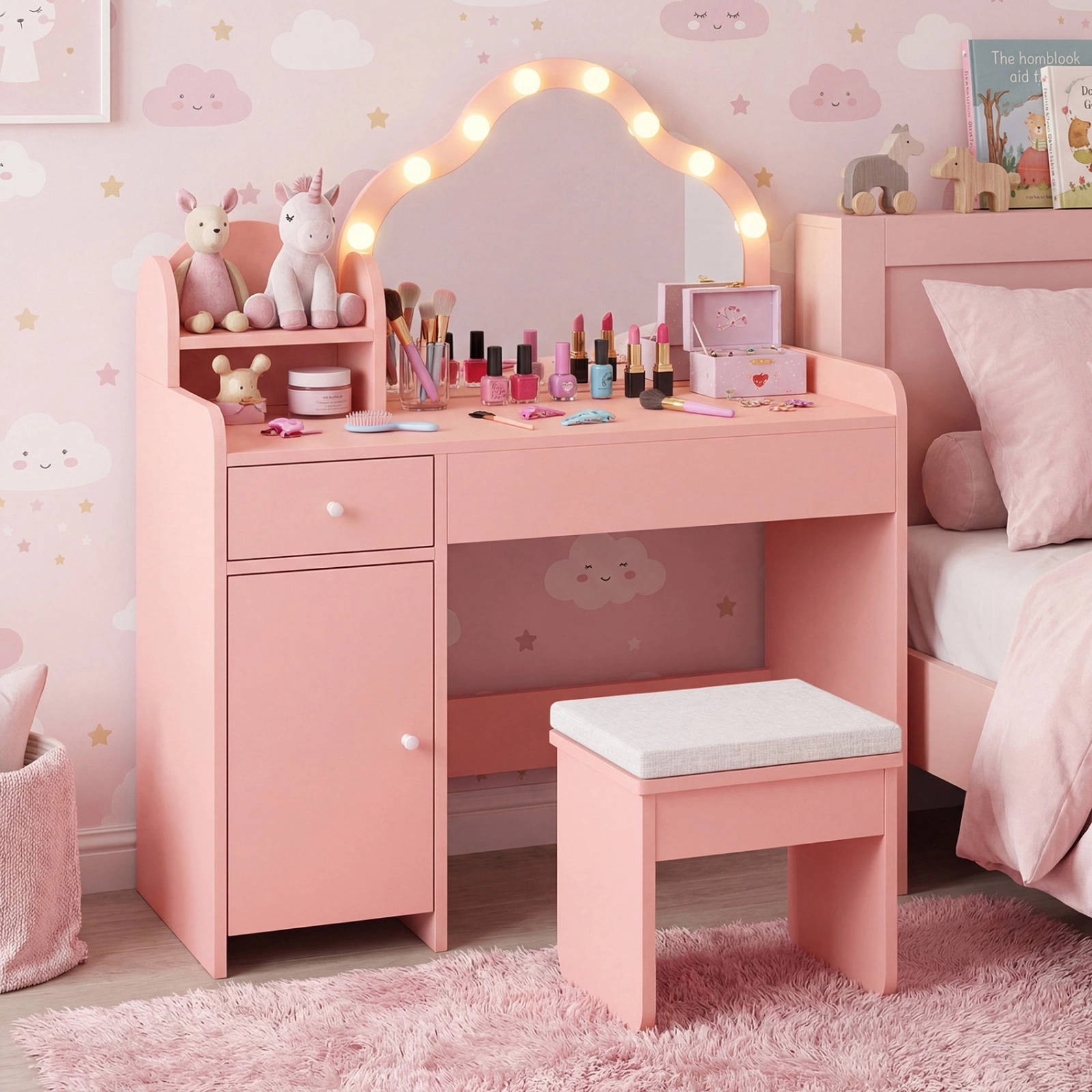 SUGIFT Kids Vanity Table and Stool Set with Lighted Mirror and Side Cabinet in Pink