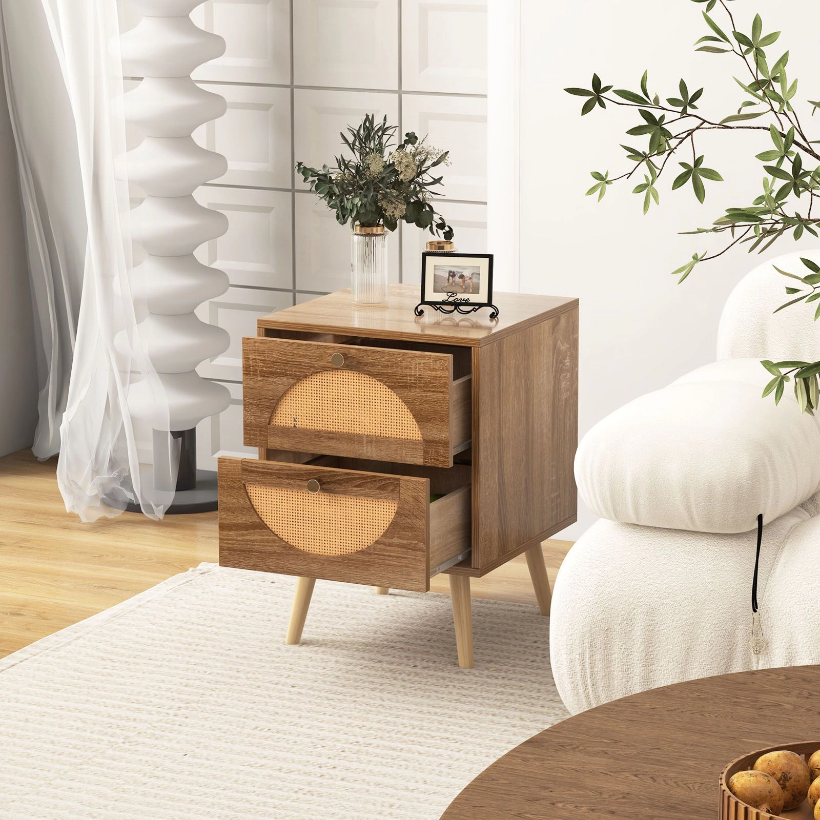SlickBlue 2-Tier Rattan Nightstand with Two Drawers