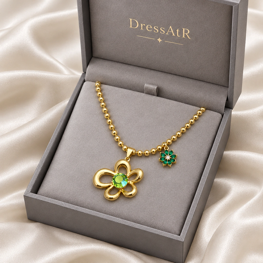 DressAtR Women’s Green Flower 18K Gold Plated Necklace