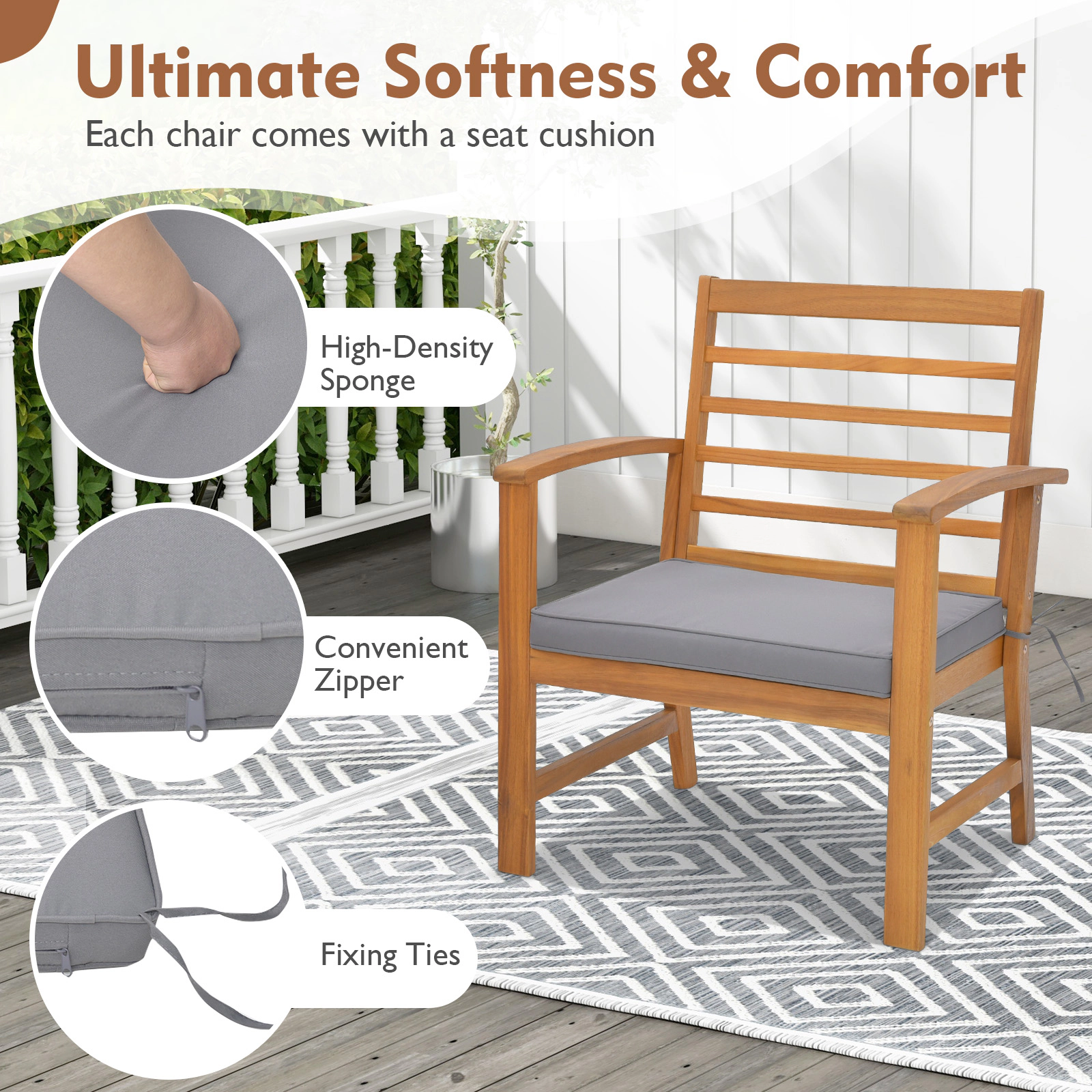 SUGIFT Table and Soft Seat Cushions 3-Piece Acacia Wood Patio Chair Set