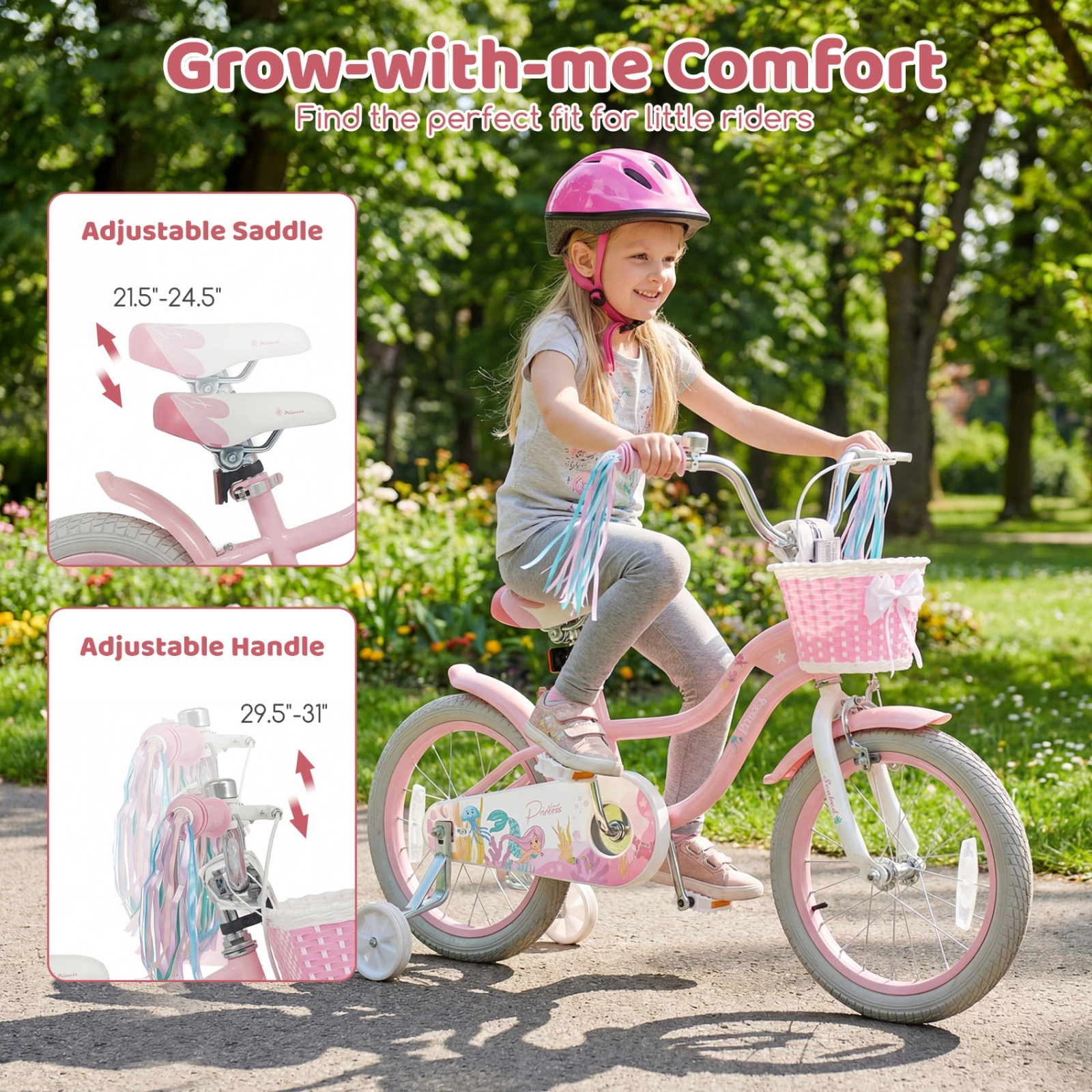 16-in Girls Kids Bike Removable Training Wheels Front Basket Ages 4-7 Pink Bicycle Mudguards 110-lb Seat Capacity