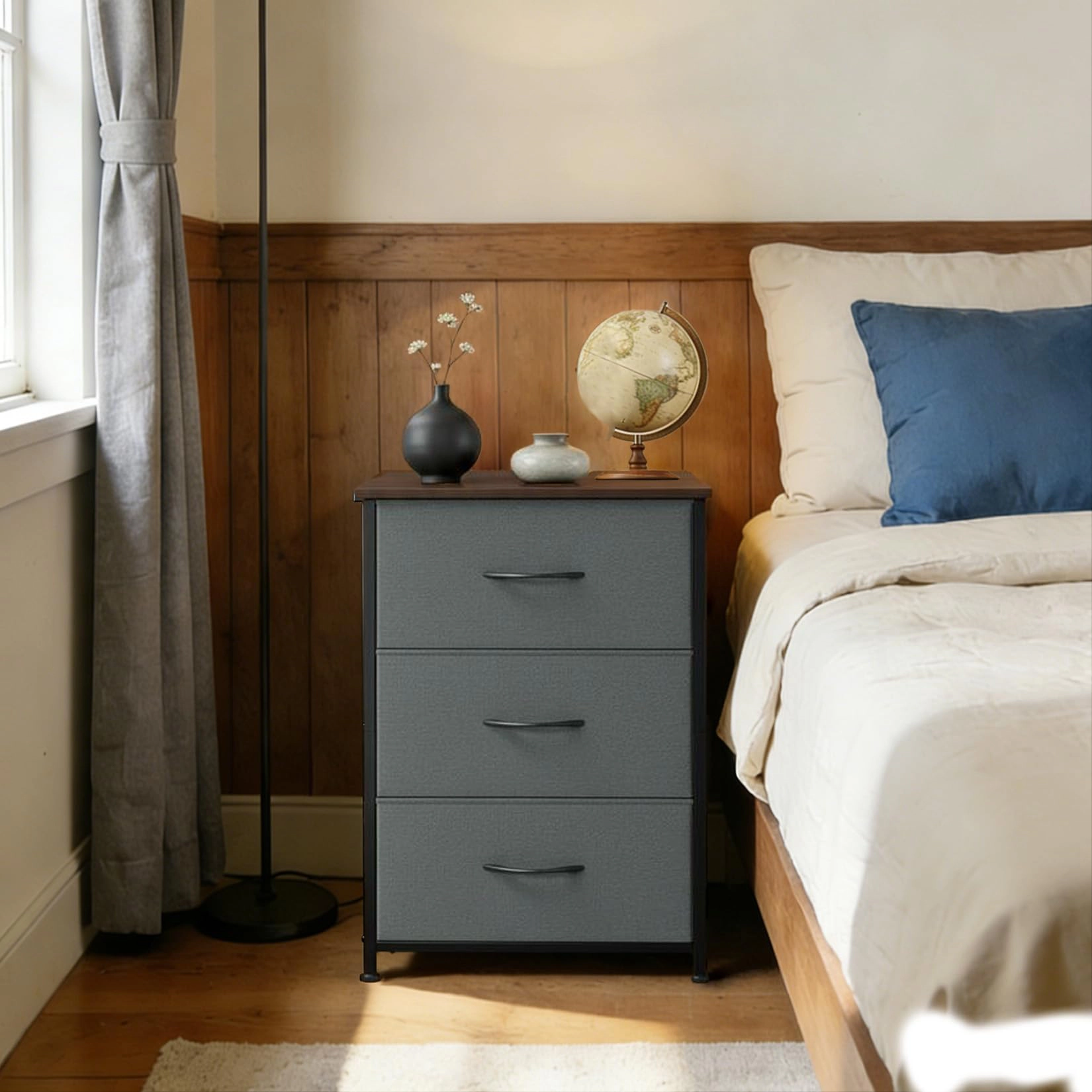 3-Drawer Dresser with Removable Fabric Bins, Slim Wood Grain Storage Organizer for Small Spaces