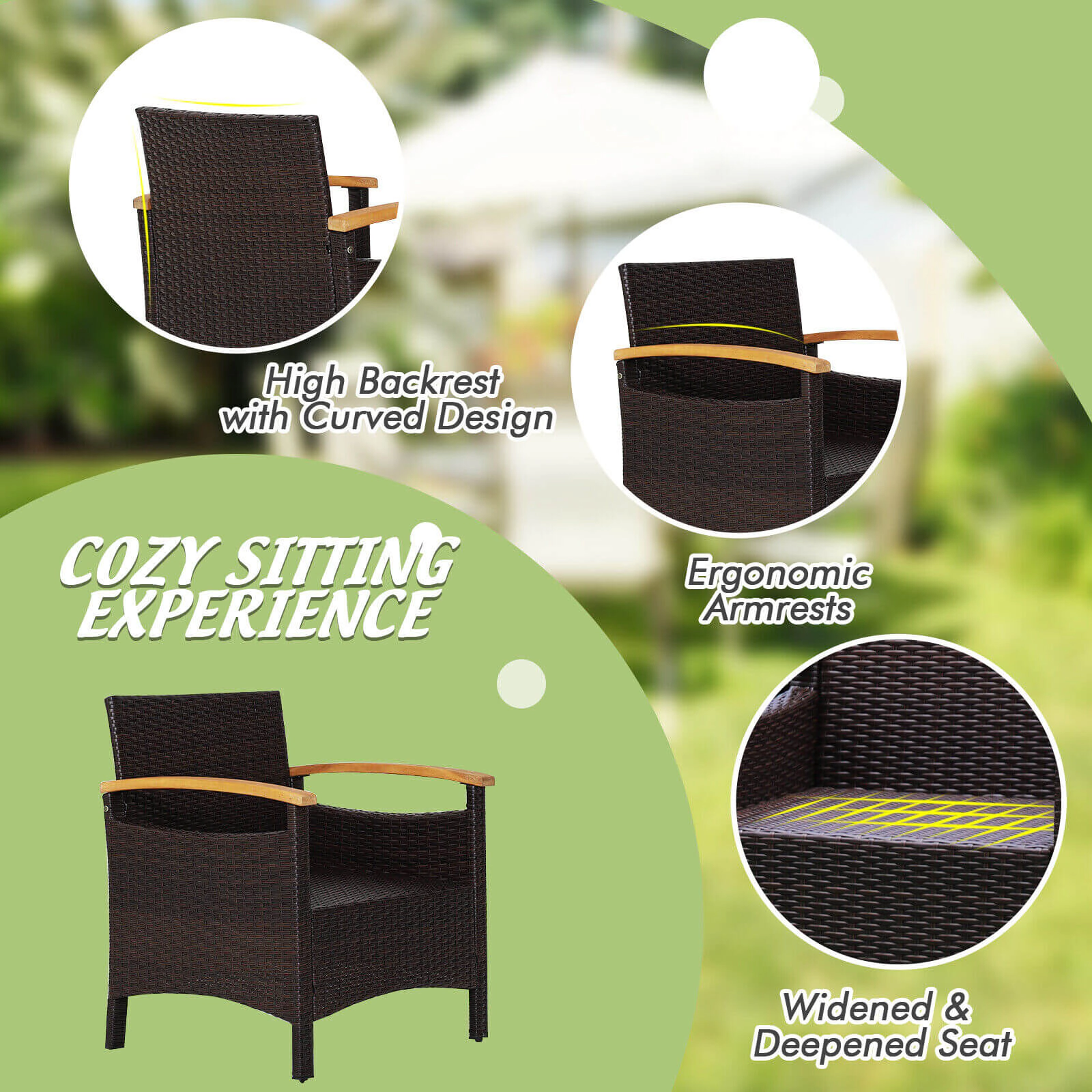 SUGIFT Patio Rattan Conversation Set Acacia Wood Table 350-lb Sofa Capacity Mix Brown Rattan Off White/Navy Cushions