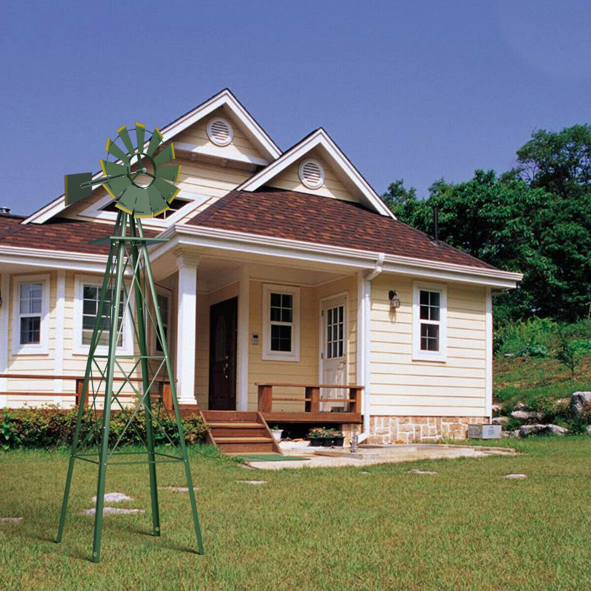 SUGIFT 8-ft Weather-Resistant Metal Ornamental Windmill with Weathervane Rolling Bearing and 4 Ground Stakes