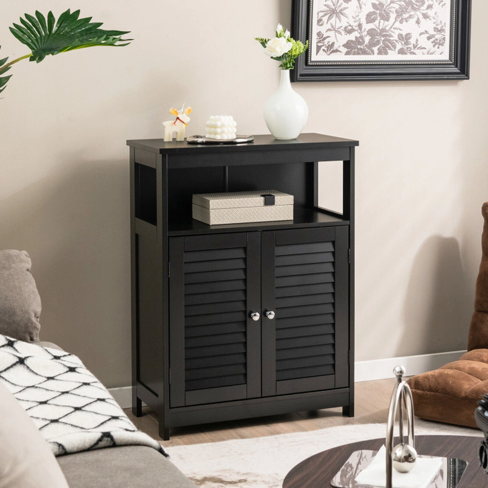 SUGIFT Black 77-lb Top Capacity Double Shutter Door Freestanding Bathroom Storage Cabinet with Open Shelf