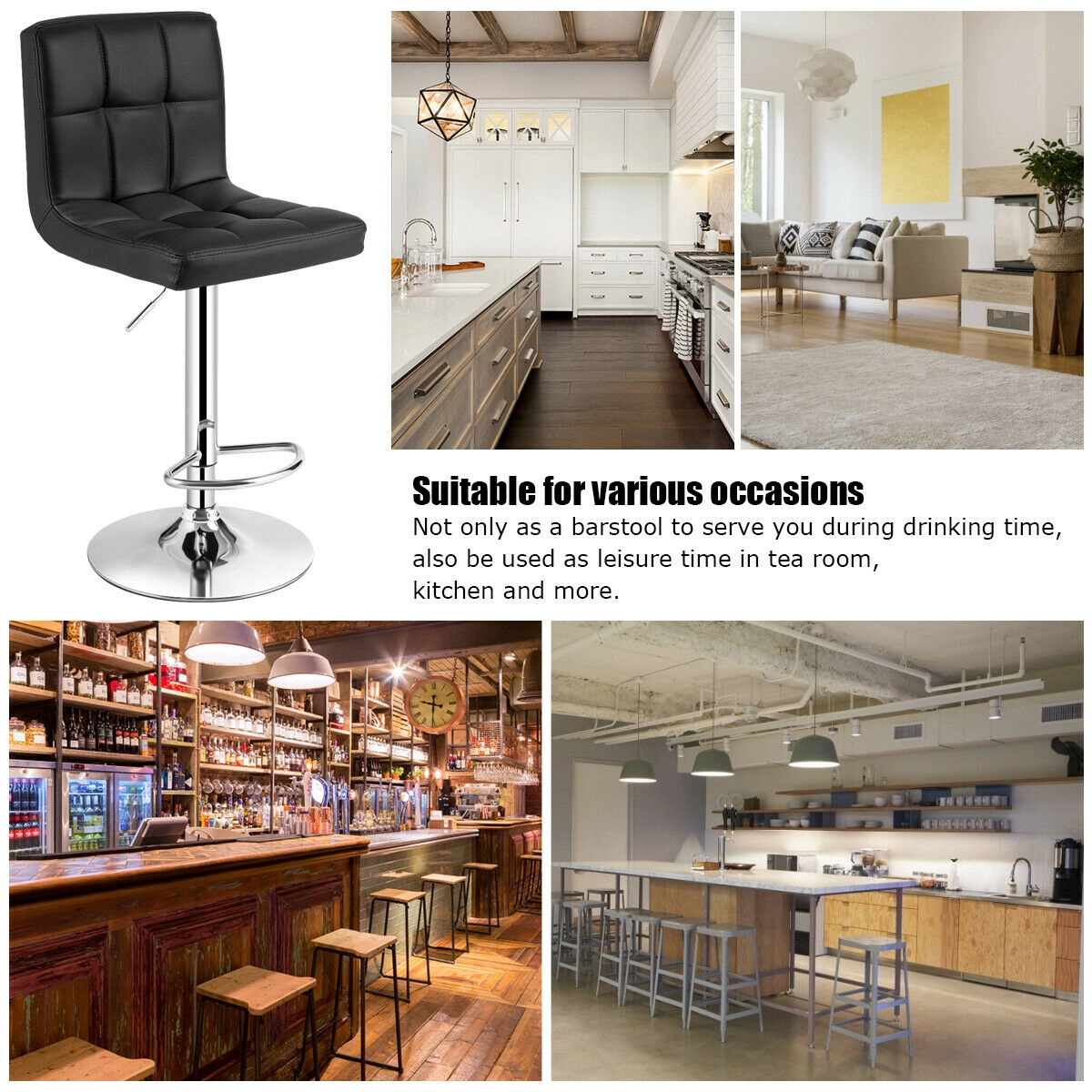 SUGIFT PU Leather Back and Footrest Set of 2 Square Swivel Adjustable Bar Stools