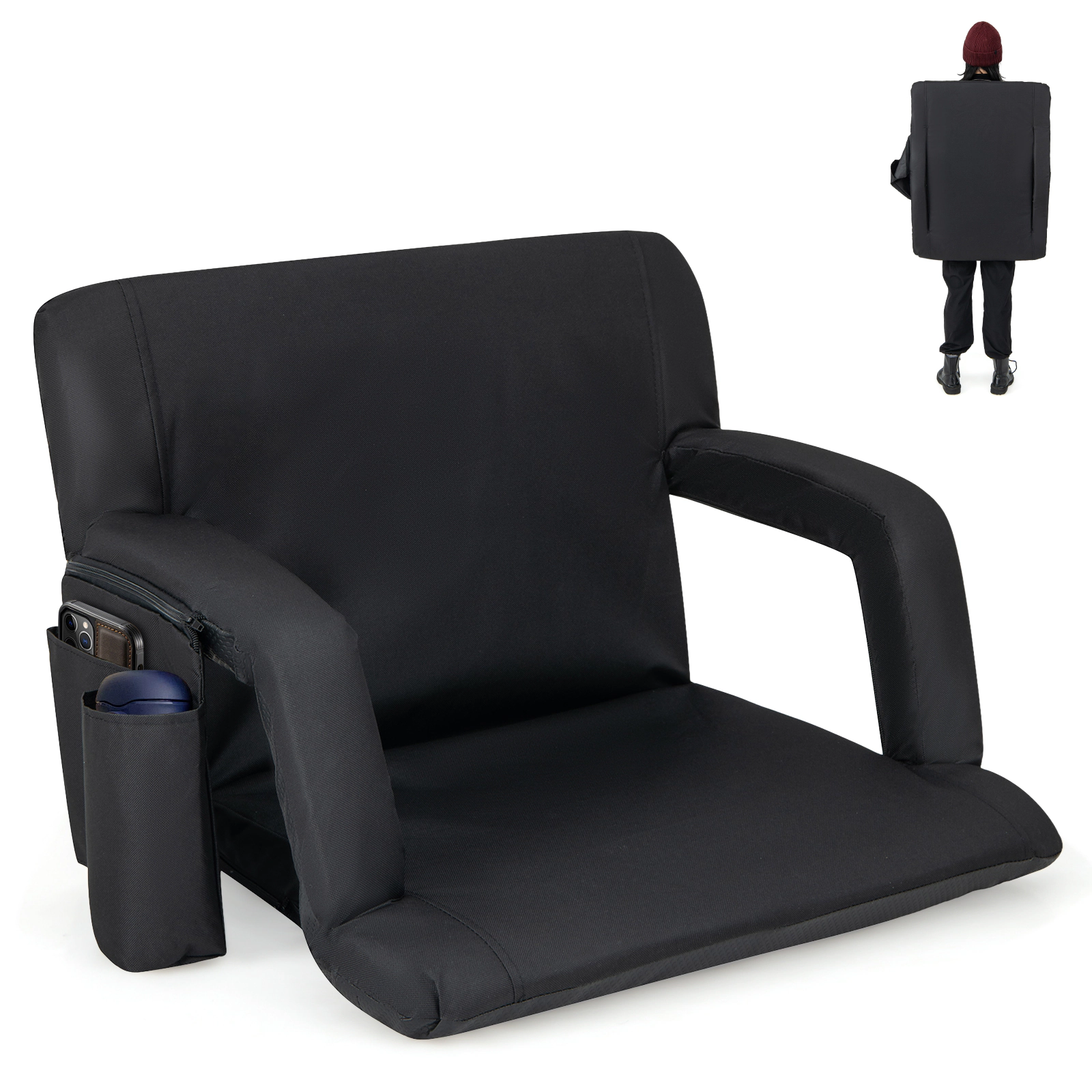 SUGIFT 6-Position Adjustable Backrest Stadium Seat Cushion Ottoman 330-lb Capacity 24.5-in Wide 8-lb Portable Black