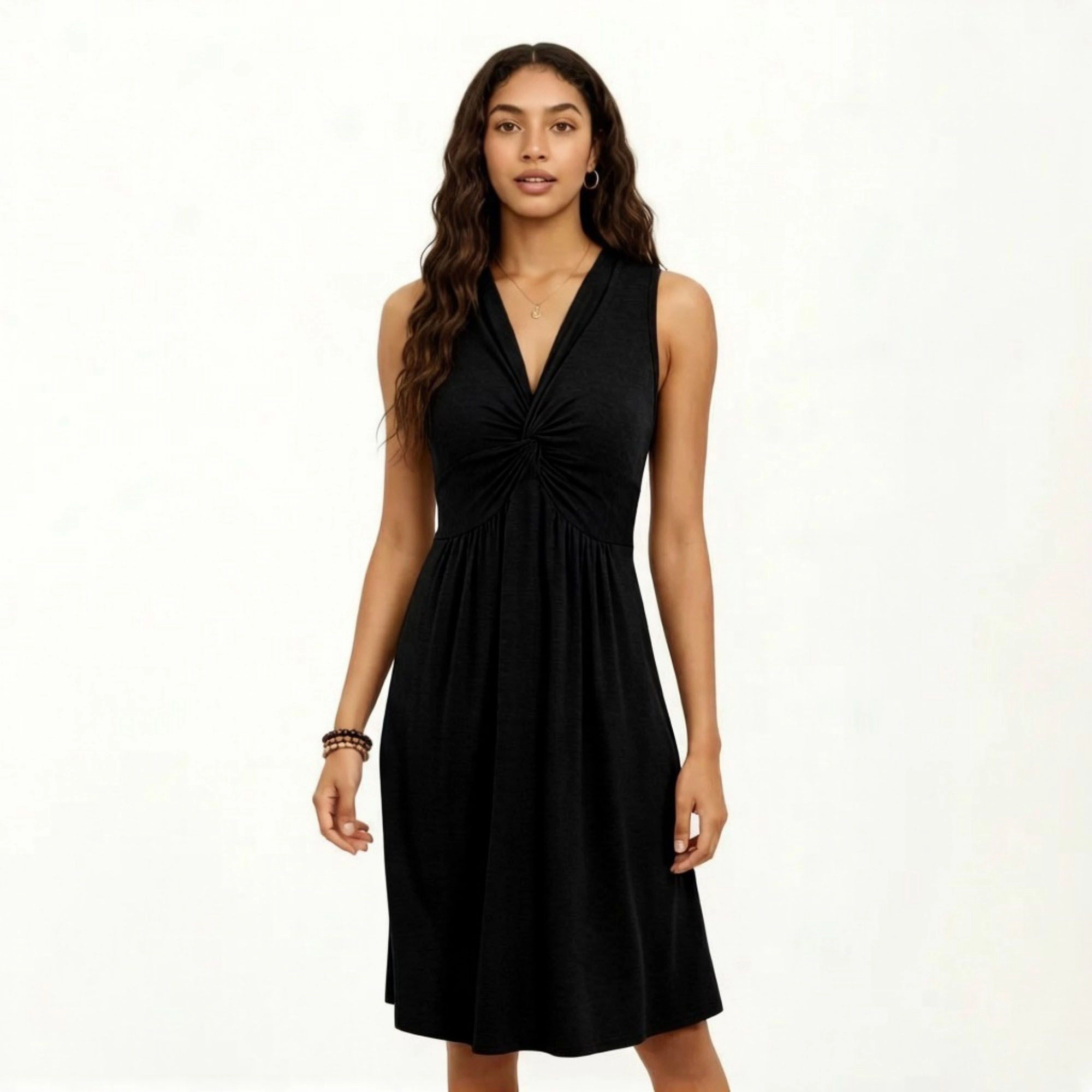 Anna-Kaci Women's Sleeveless V Neck Front Twist Detail Flowy A Line Silhouette Midi Dress