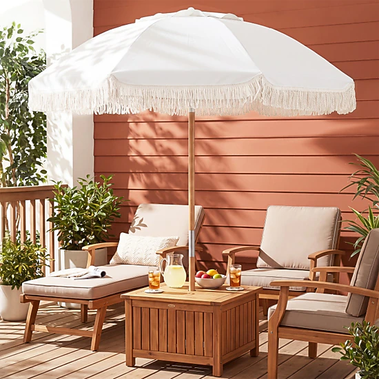 SUGIFT 6-ft White Fringe Patio Umbrella, Beech Wood Pole, Push-Button ...