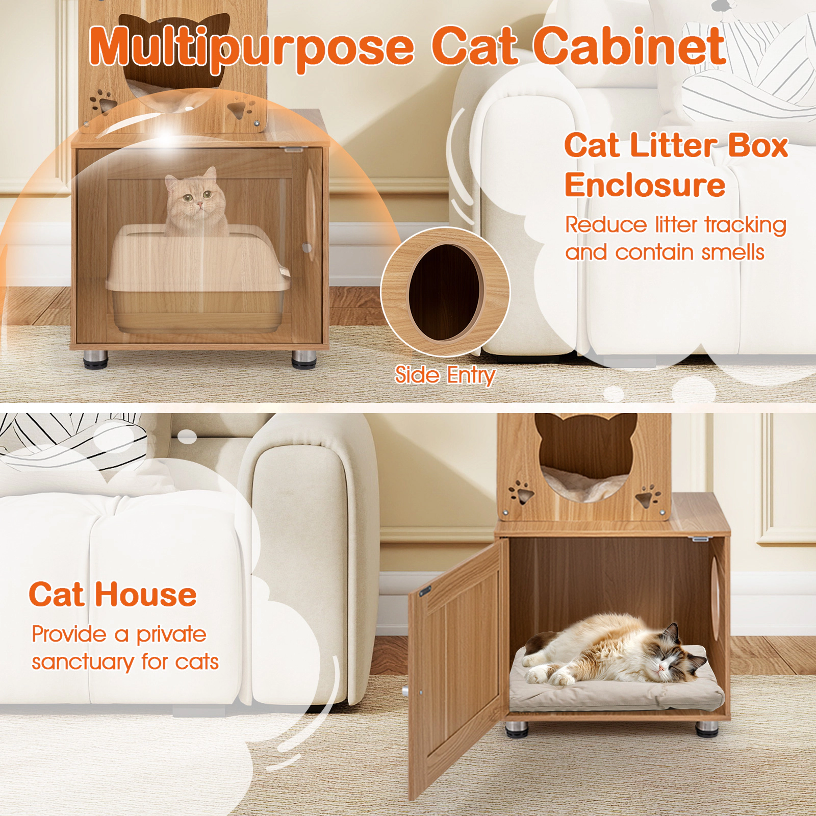 SUGIFT Height Adjustable Floor to Ceiling Cat Tree with Litter Box Enclosure 22-lb Capacity Green+Brown