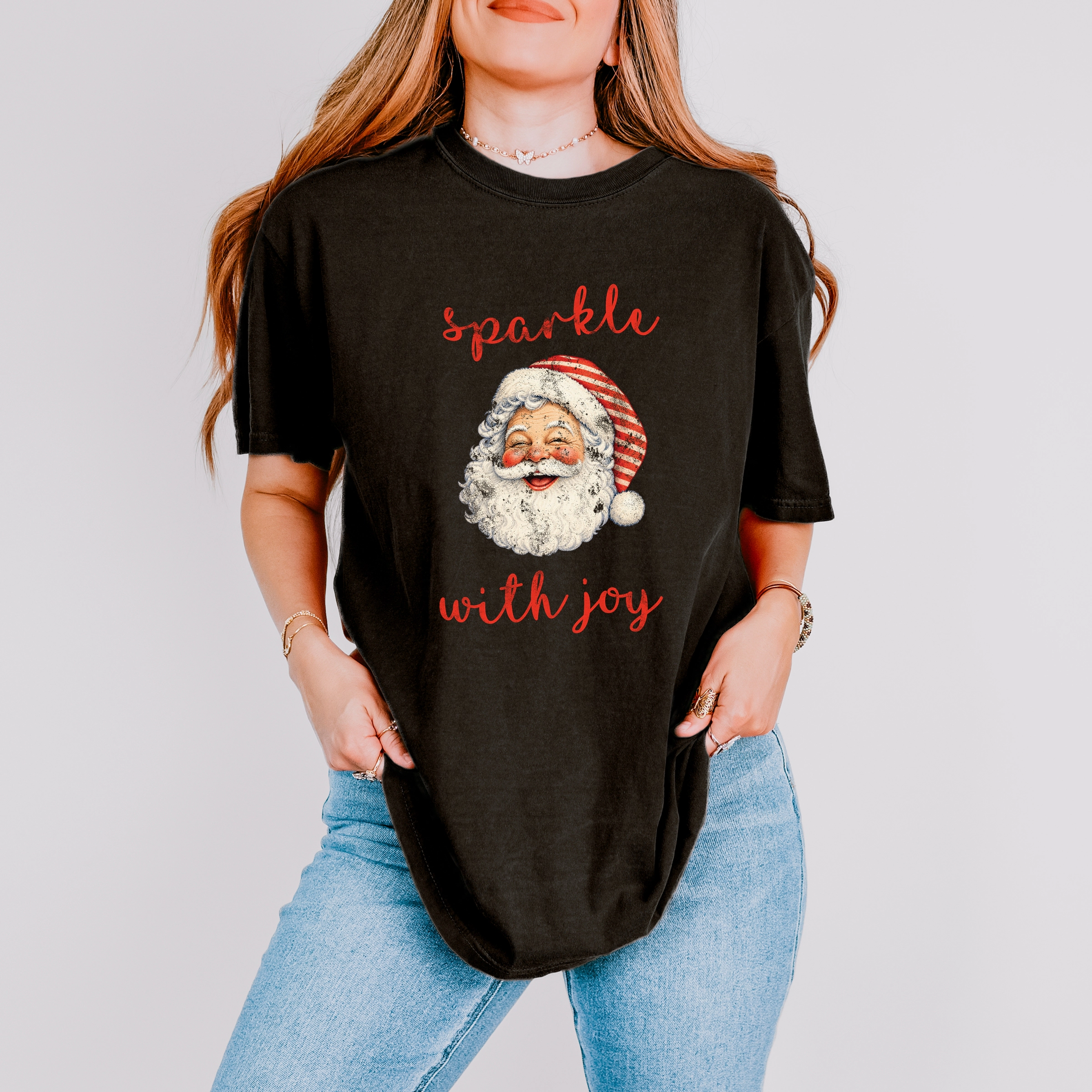 Simply Sage Market - Women's Garment Dyed Graphic T-Shirt Sparkle With Joy Santa