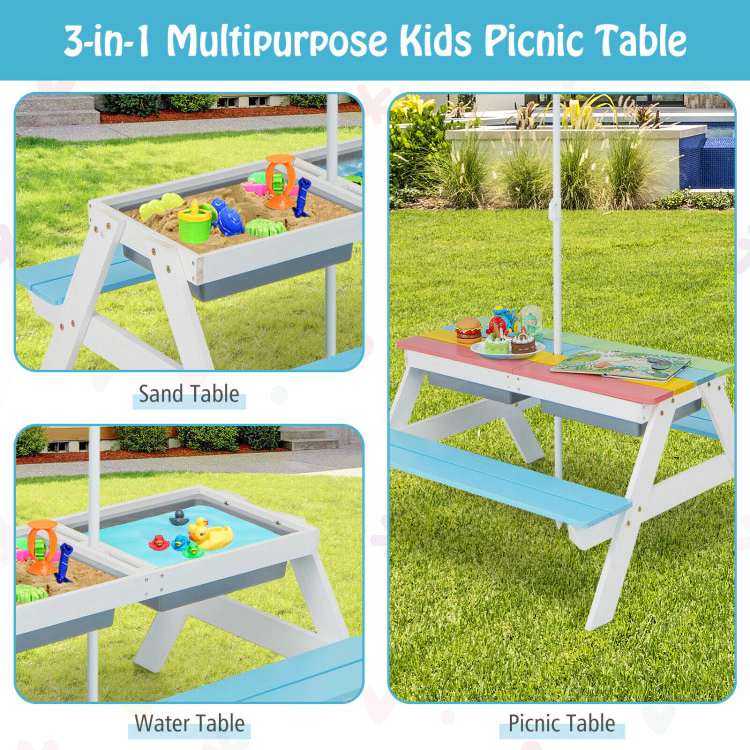 Hivvago 3-In-1 Kids Outdoor Picnic Water Sand Table With Removable Umbrella And Boxes-Coffee