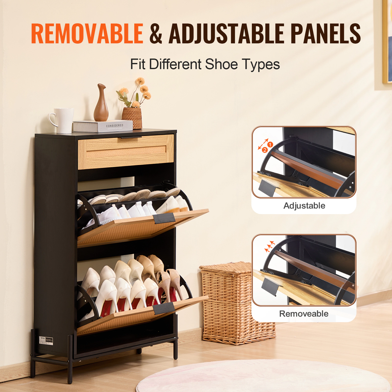 HONGGE Narrow Rattan Shoe Cabinet with Flip Drawers, Slim Entryway Storage Organizer with Metal Legs for Closet Hallway