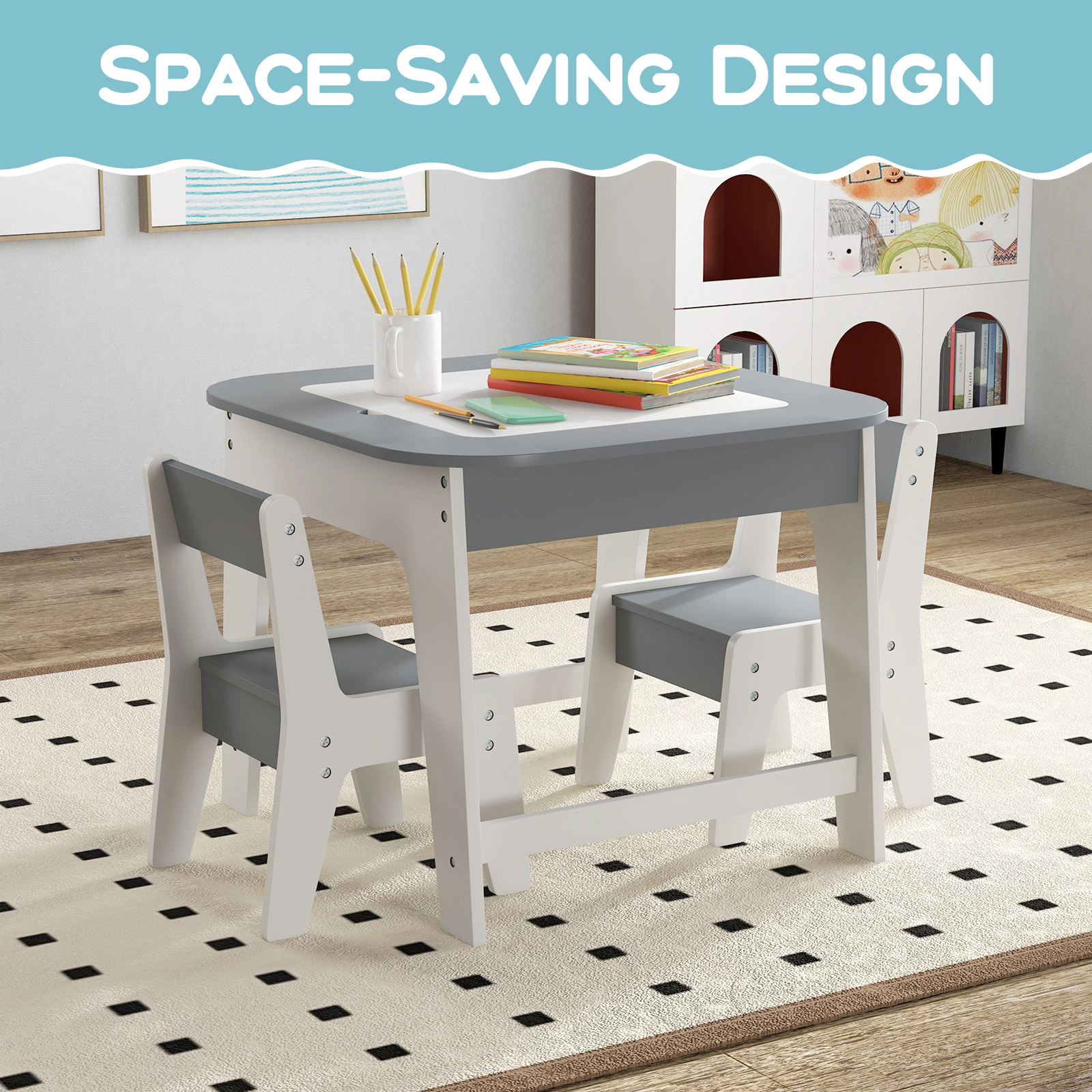 SUGIFT Double-Sided Kids Table and 2 Chair Set 19.5-in Tall 44-lb Table 66-lb Chairs Ages 3-6 Natural/Gray