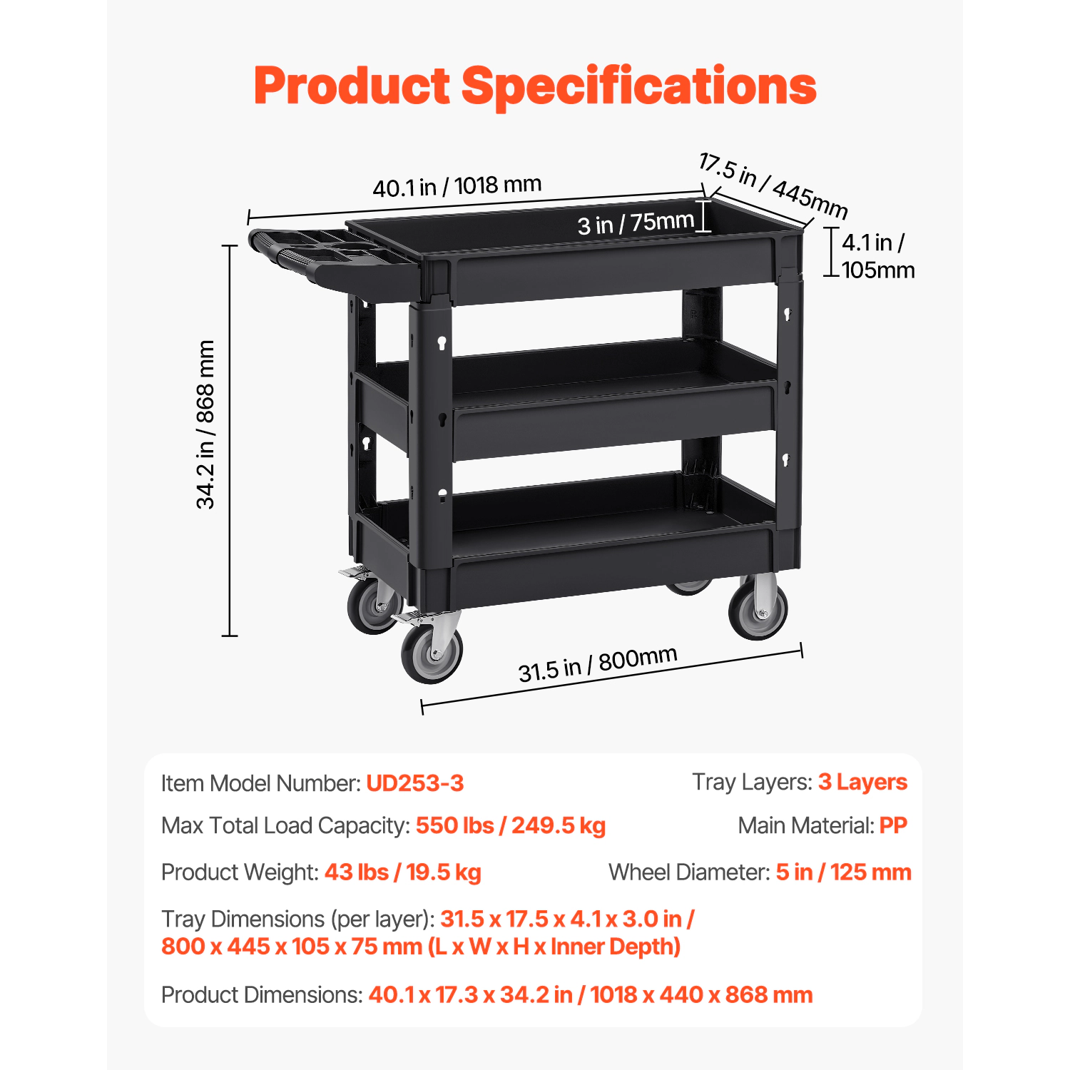 HONGGE Utility Cart Service Cart Heavy Duty Plastic Utility Cart with 360° Swivel Wheels with for