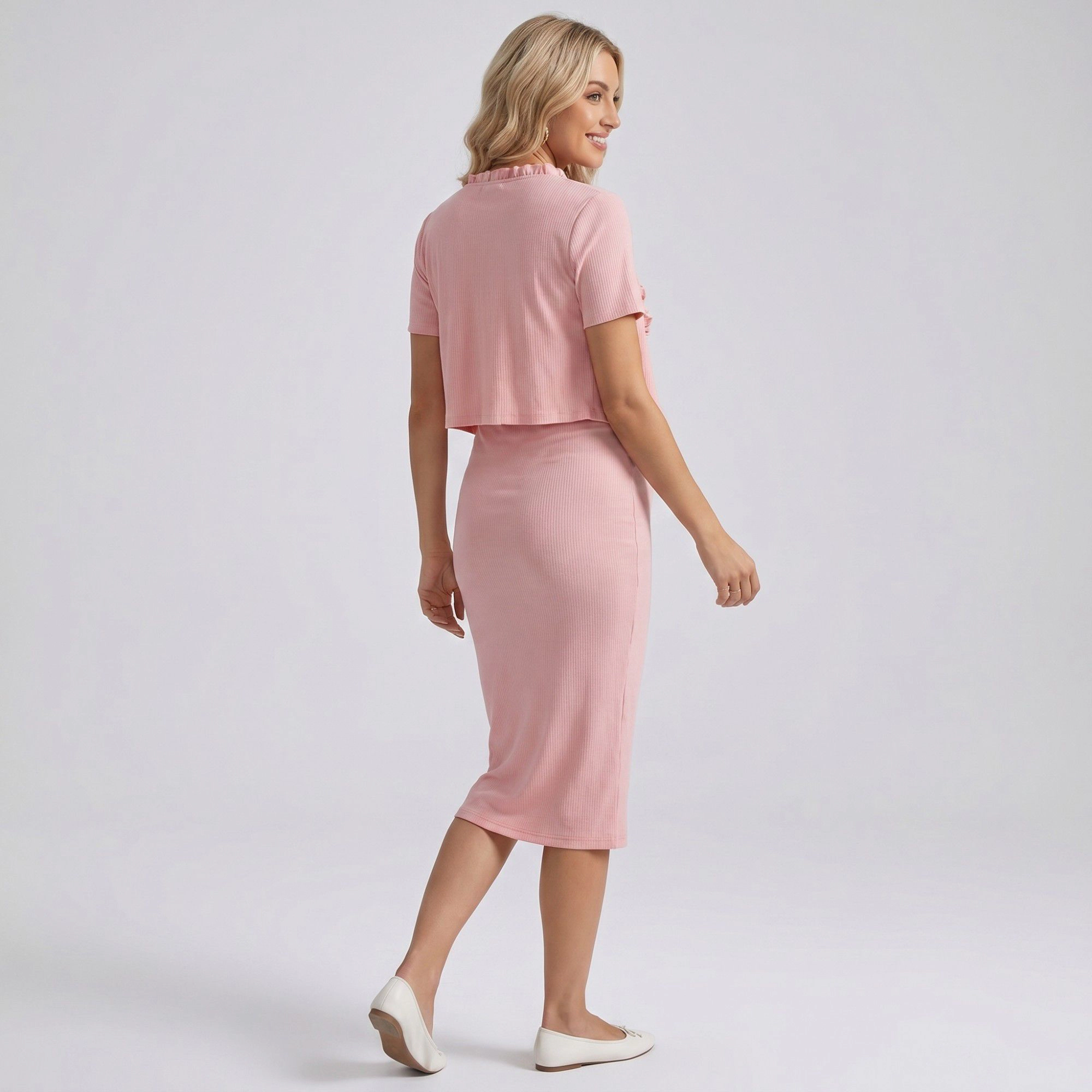 Anna-Kaci Women's Ribbed Maternity Midi Dress with Ruffle Trim Cardigan Set