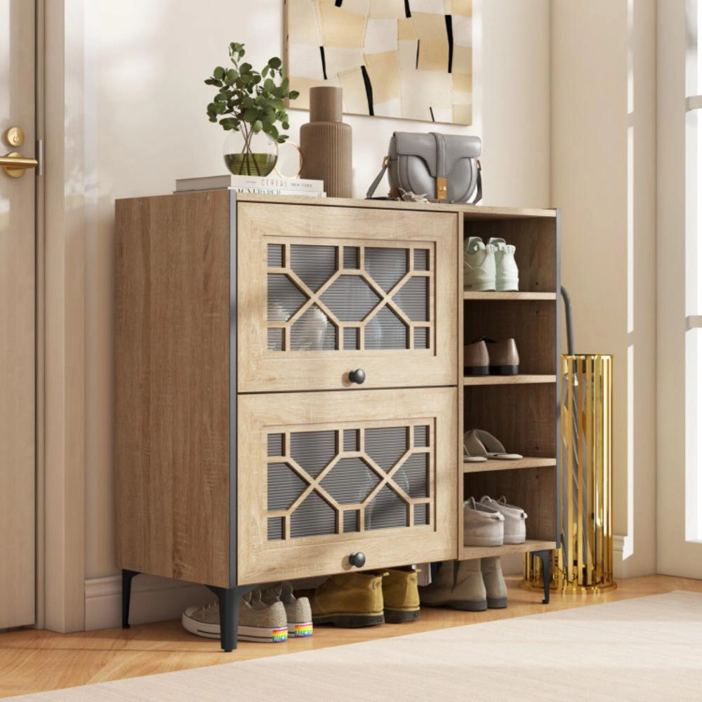 Hivvago Rustic Shoe Cabinet with Flip-up See-through Doors and Adjustable Shelves-Oak