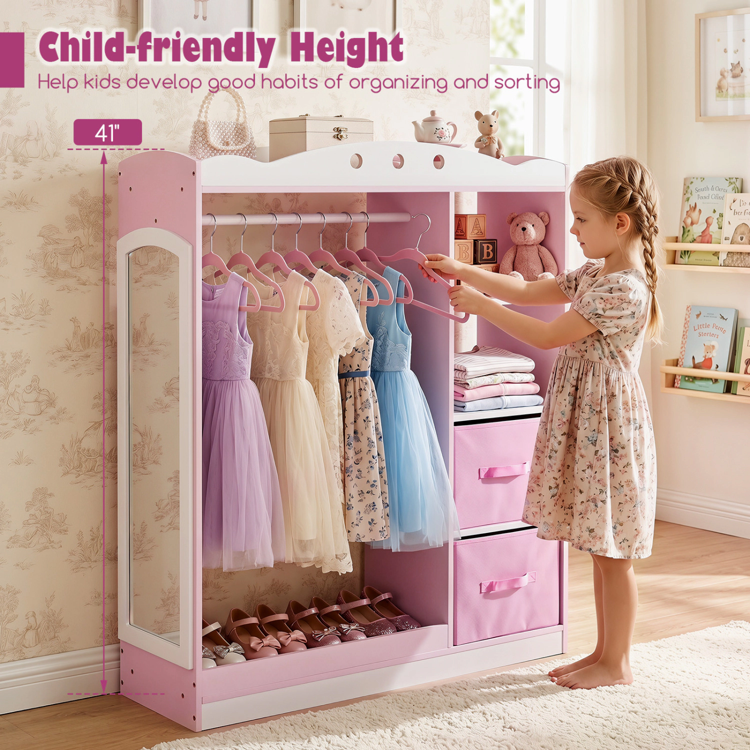 Hivvago Kids Dress Up Station with Mirror and Open Storage