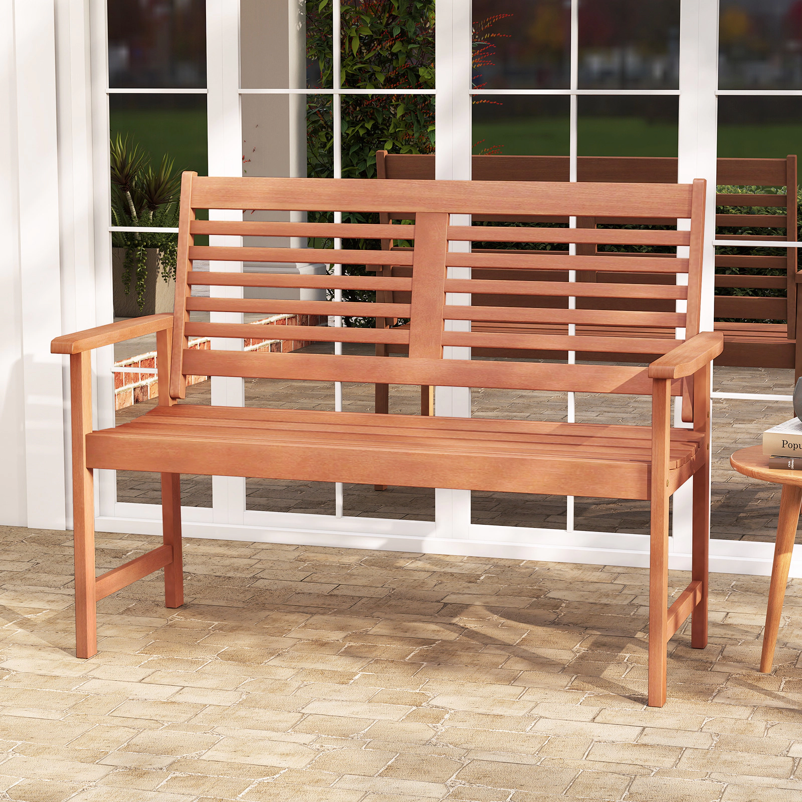 SUGIFT Patio Loveseat Outdoor 2-Seat Bench with Inclined Backrest and Slatted Seat 660-lb Capacity Teak