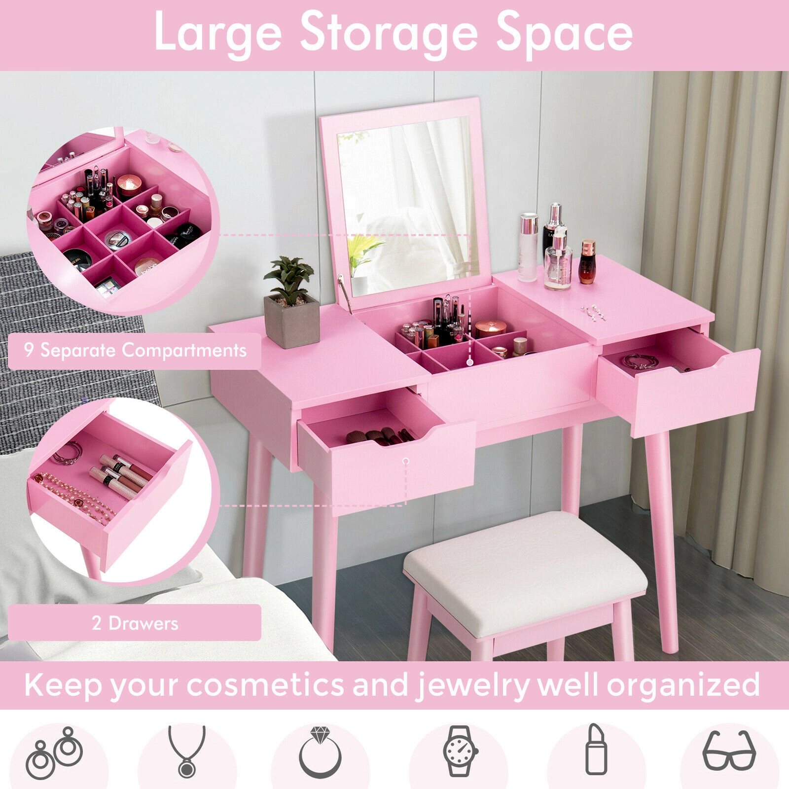 LJG Makeup Vanity Table Set with Flip Top Mirror and 2 Drawers