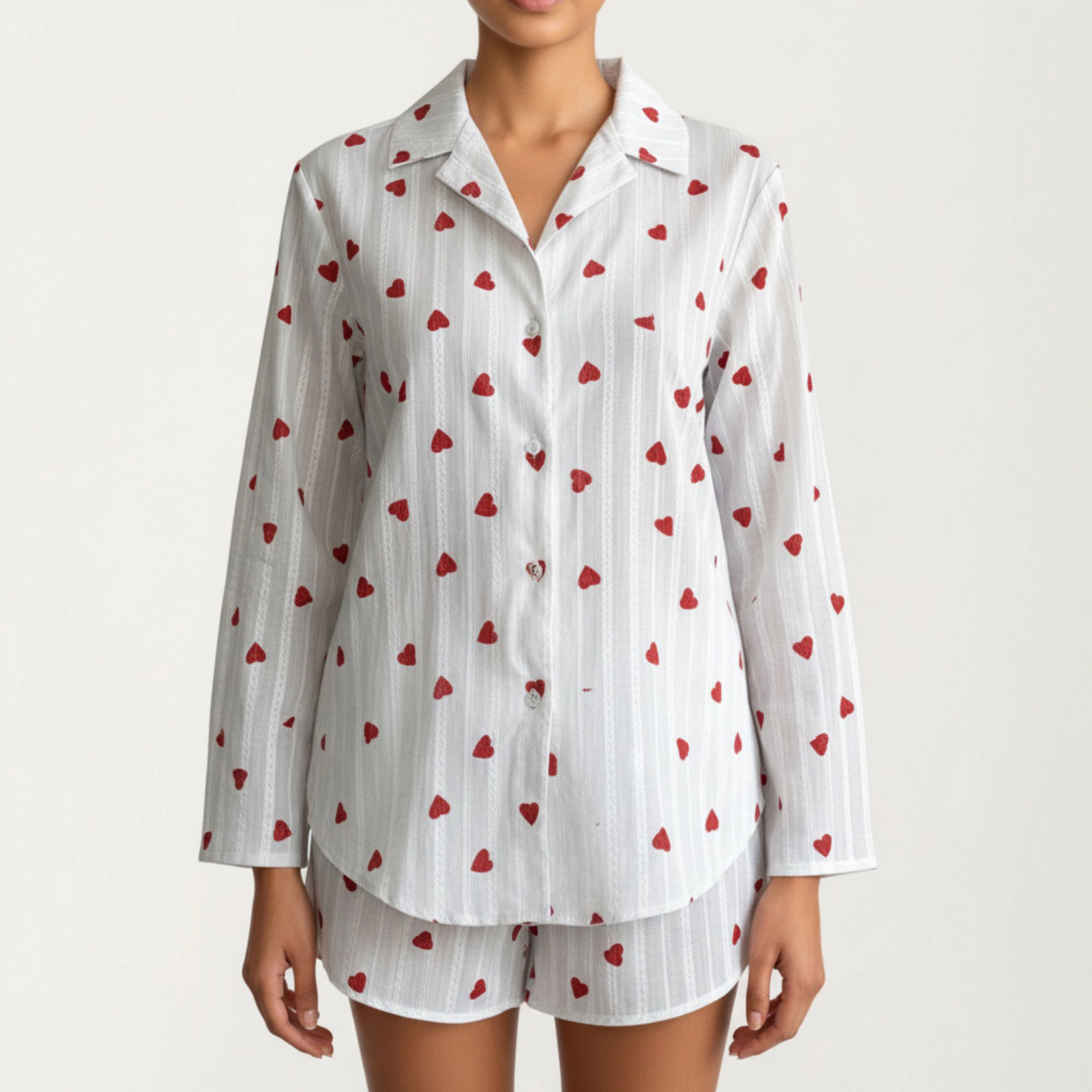 Anna-Kaci Women's Valentine Long Sleeve Heart Print Tie Front Top and Matching Shorts Loungewear Set