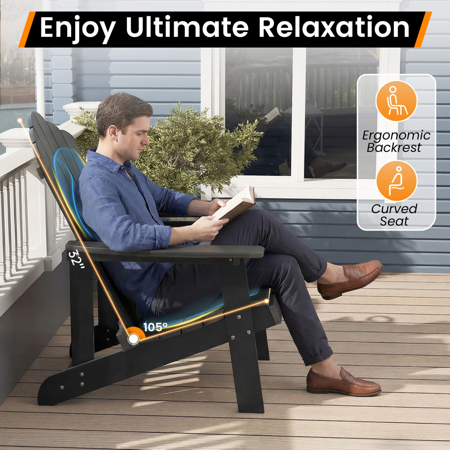 LJG Outdoor Adirondack Chair with Built-in Cup Holder for Backyard Porch