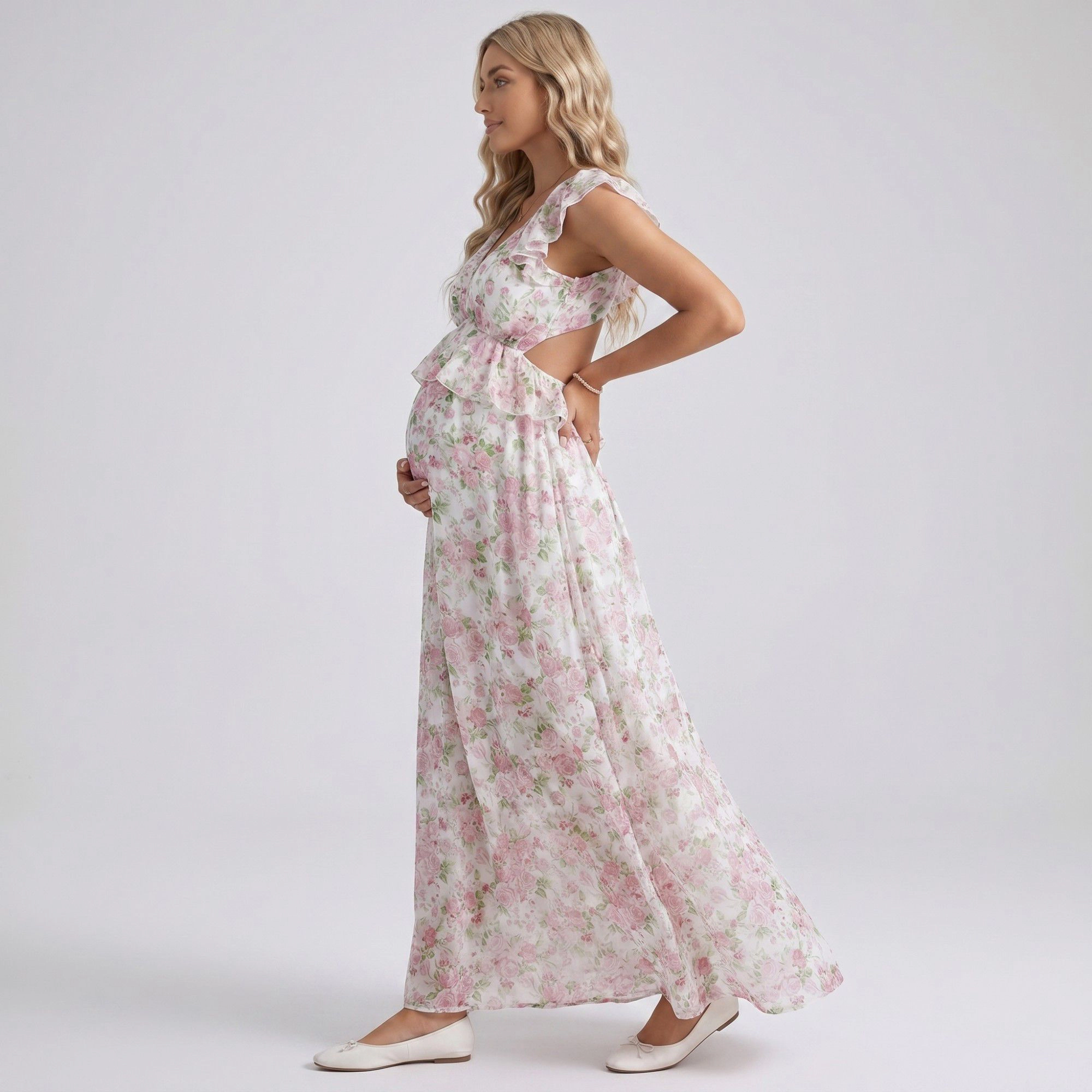 Anna-Kaci Women's Floral Ruffle Sleeve Empire Waist Maternity Maxi Dress