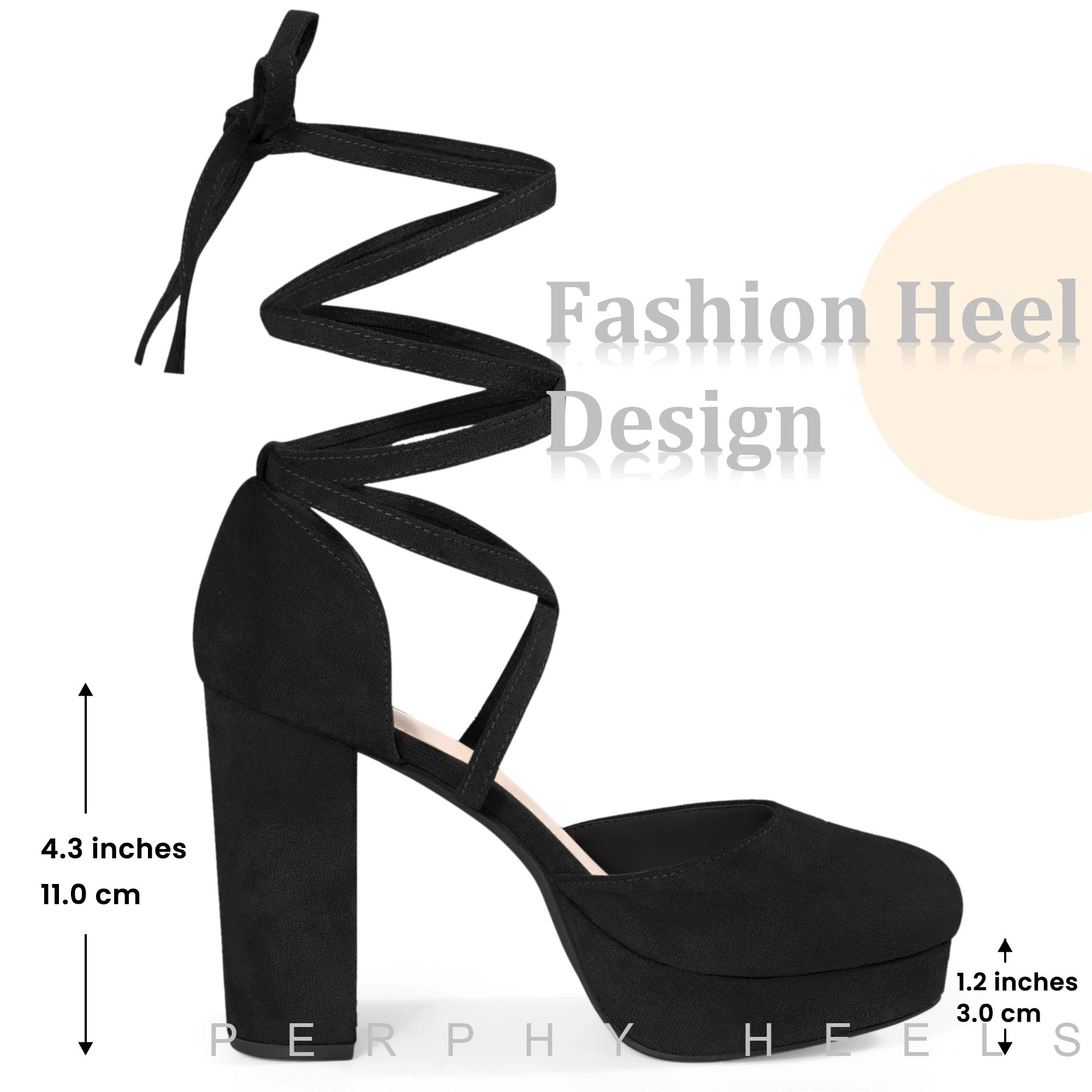 BLISSFUL STEP Women Faux Suede Strappy Lace Up Chunky Heel Platform Pumps