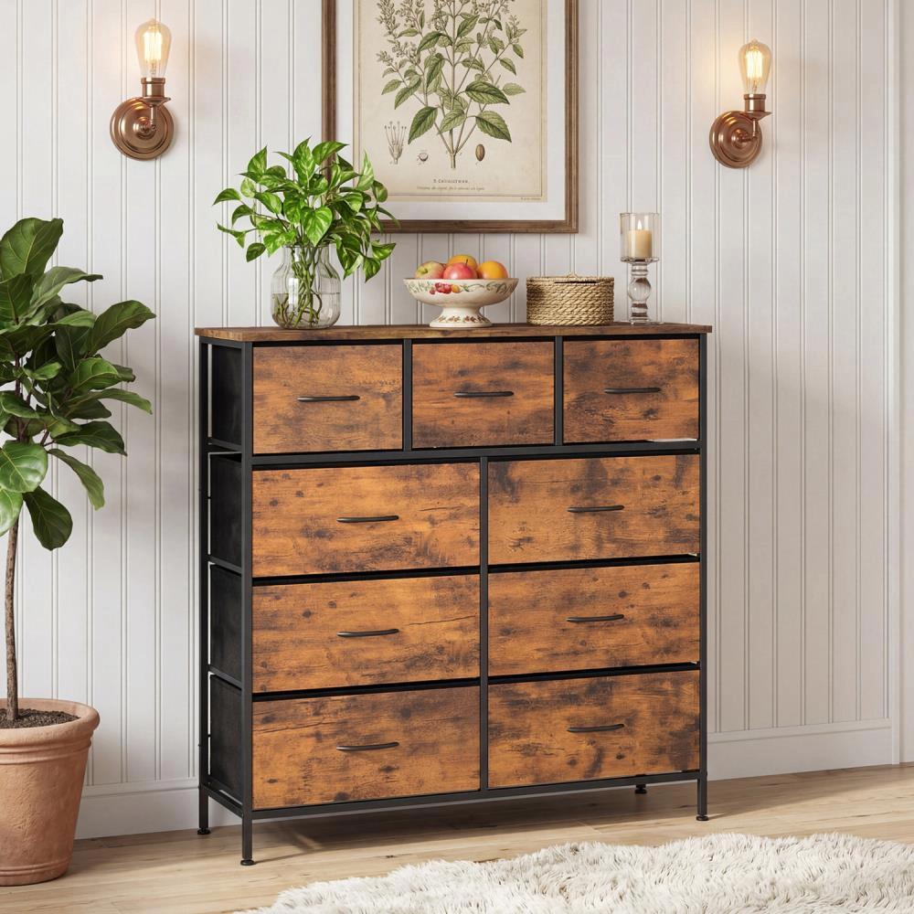 Hivvago 9-Drawer Fabric Dresser With Wooden Top For Bedroom