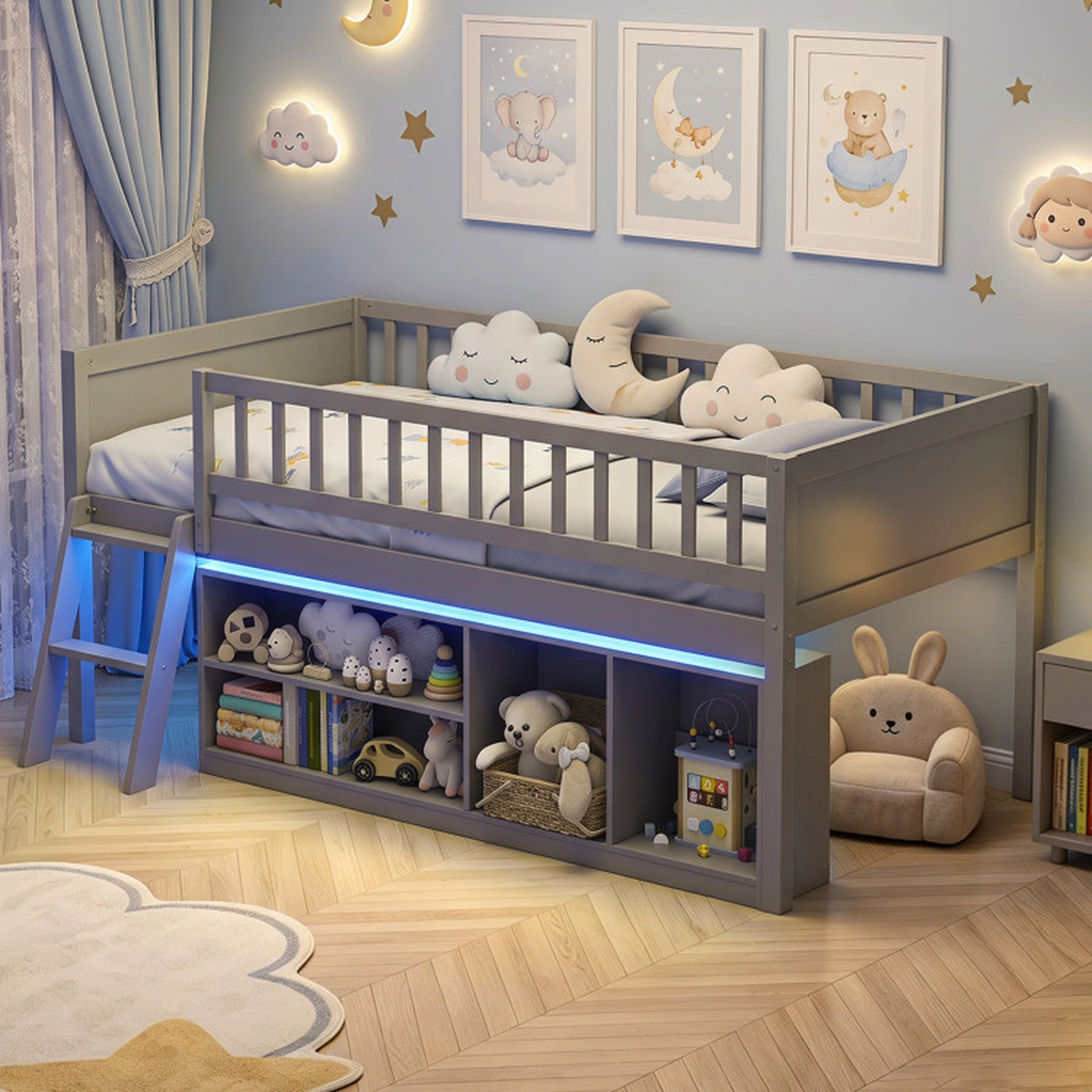 SUGIFT Twin Size Loft Toddler Bed with Adjustable LED Lights Bookshelves and Guardrails 400-lb Capacity Gray and White