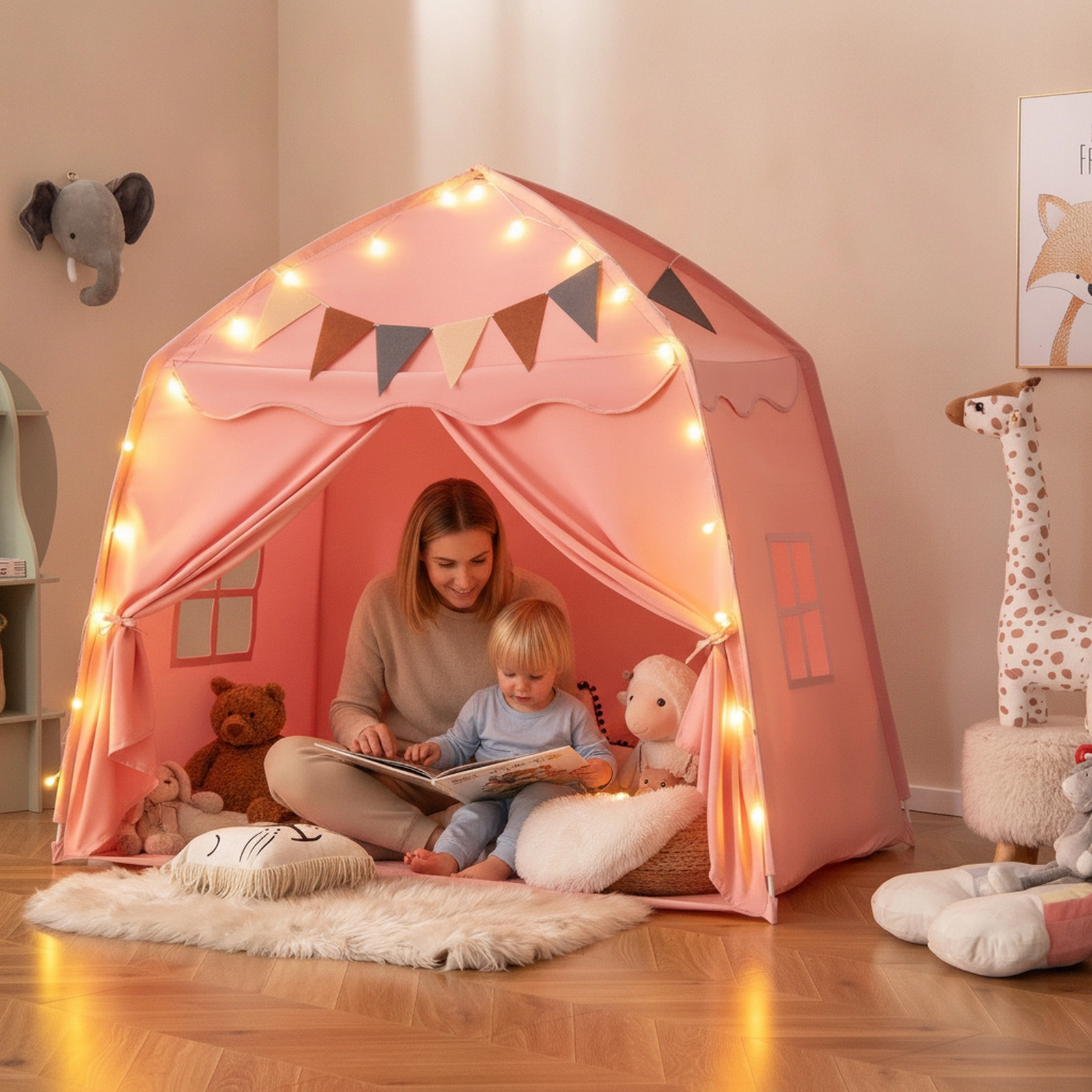 Extra Large Kids Play Tent and Bed Tent for Beds Up to 54-in Wide Pink Boho Playhouse