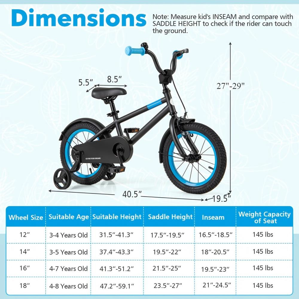 SUGIFT Kids Black 14-in Bike with Adjustable Handlebar and Detachable Training Wheels 145-lb Seat Capacity Ages 3-5