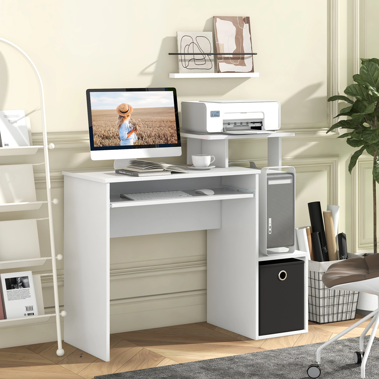 SUGIFT White Pull-Out Keyboard Tray and Fabric Bin 39.5 Inch Space Saving Computer Desk
