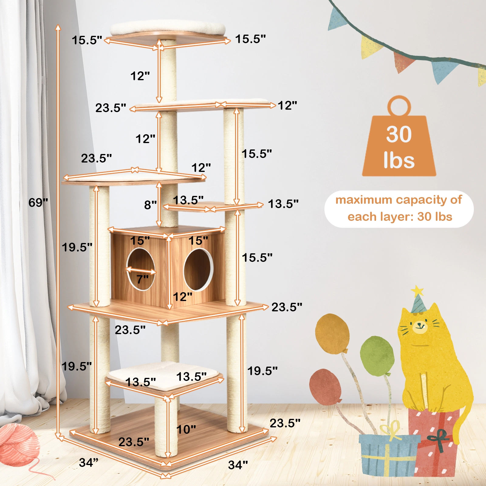 SUGIFT Natural 7-Layer Wooden Cat Tree 71 in Tall with Condo and Sisal Posts
