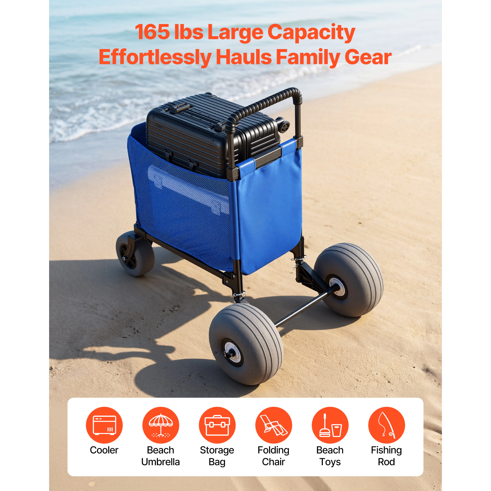 HONGGE Heavy Duty Folding Sand Cart with 12" Balloon Wheels for Beach Camping, 165 lbs Load Capacity