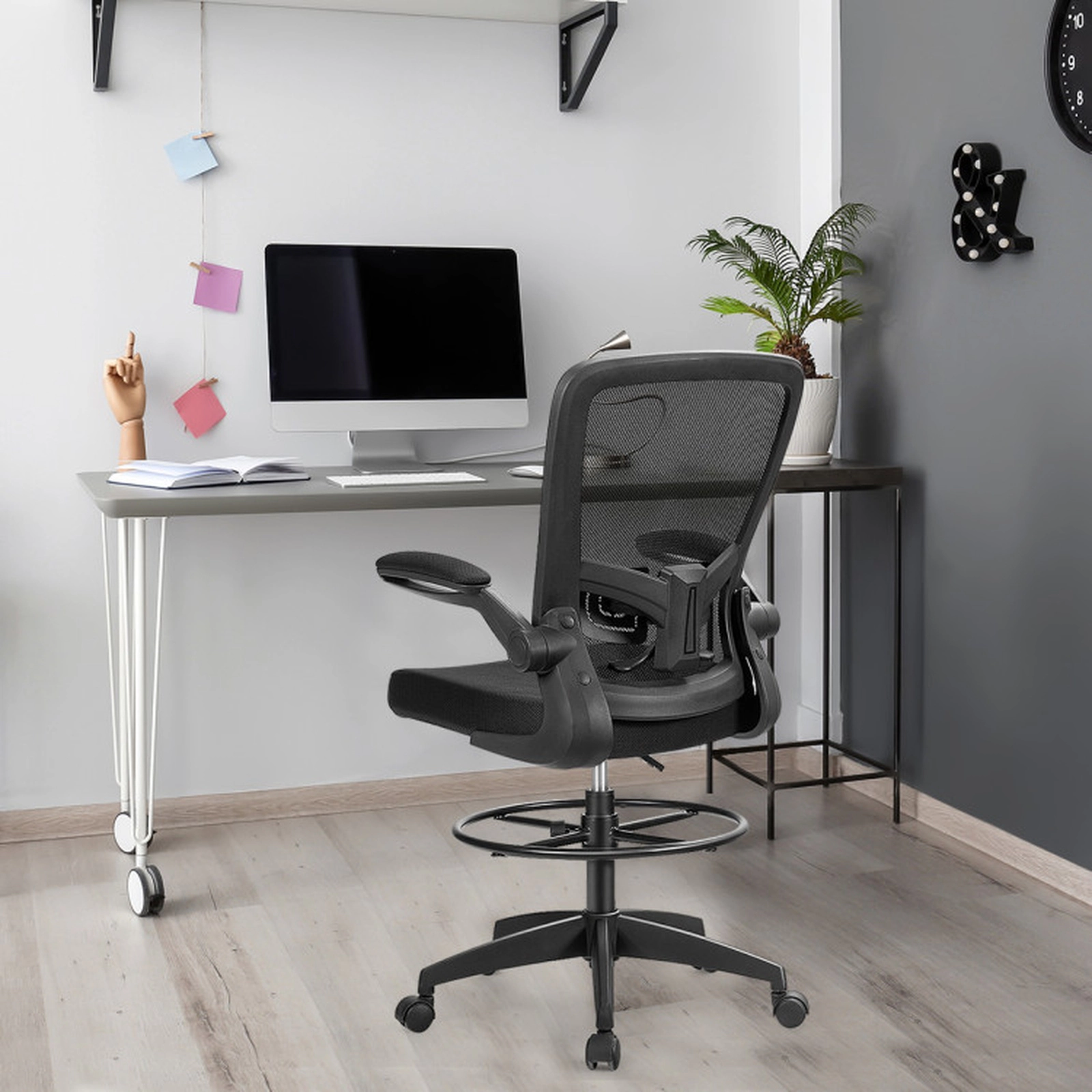 SUGIFT 300-lb Capacity Black Mesh Tall Drafting Chair with Adjustable Foot Ring and Flip-Up Arms