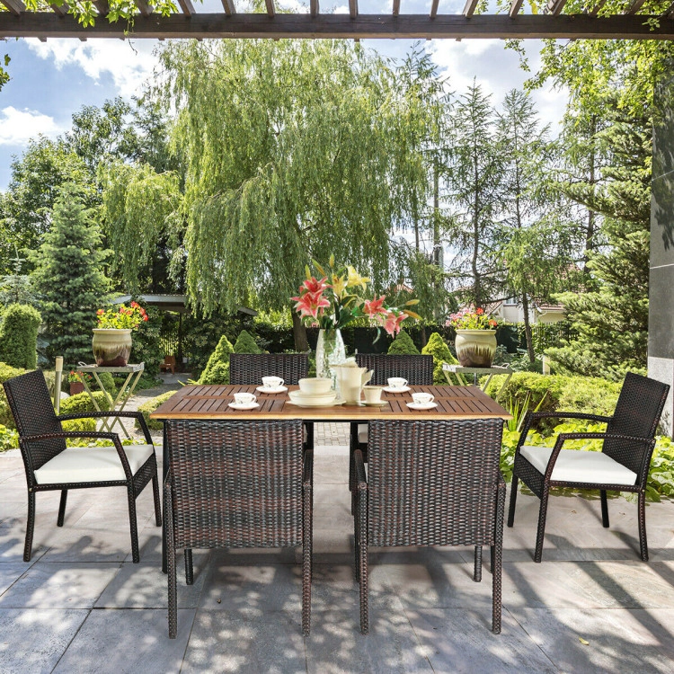 Hivvago 7 Pieces Patio Rattan Cushioned Dining Set With Umbrella Hole