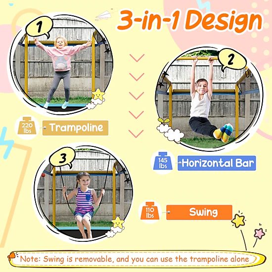 SUGIFT Kids 6-ft Rectangle Trampoline with Enclosure Net Swing and Horizontal Bar 75-in W 49-in D Orange