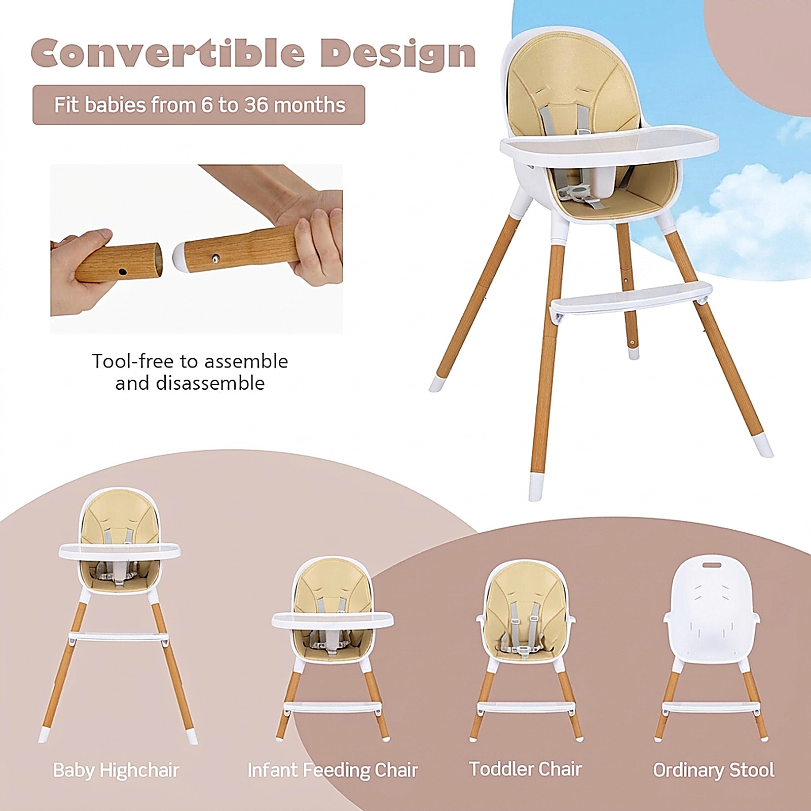 SUGIFT Beige 4-in-1 Convertible Baby High Chair with Tool Free Detachable Legs and Adjustable Tray 36-in Tall