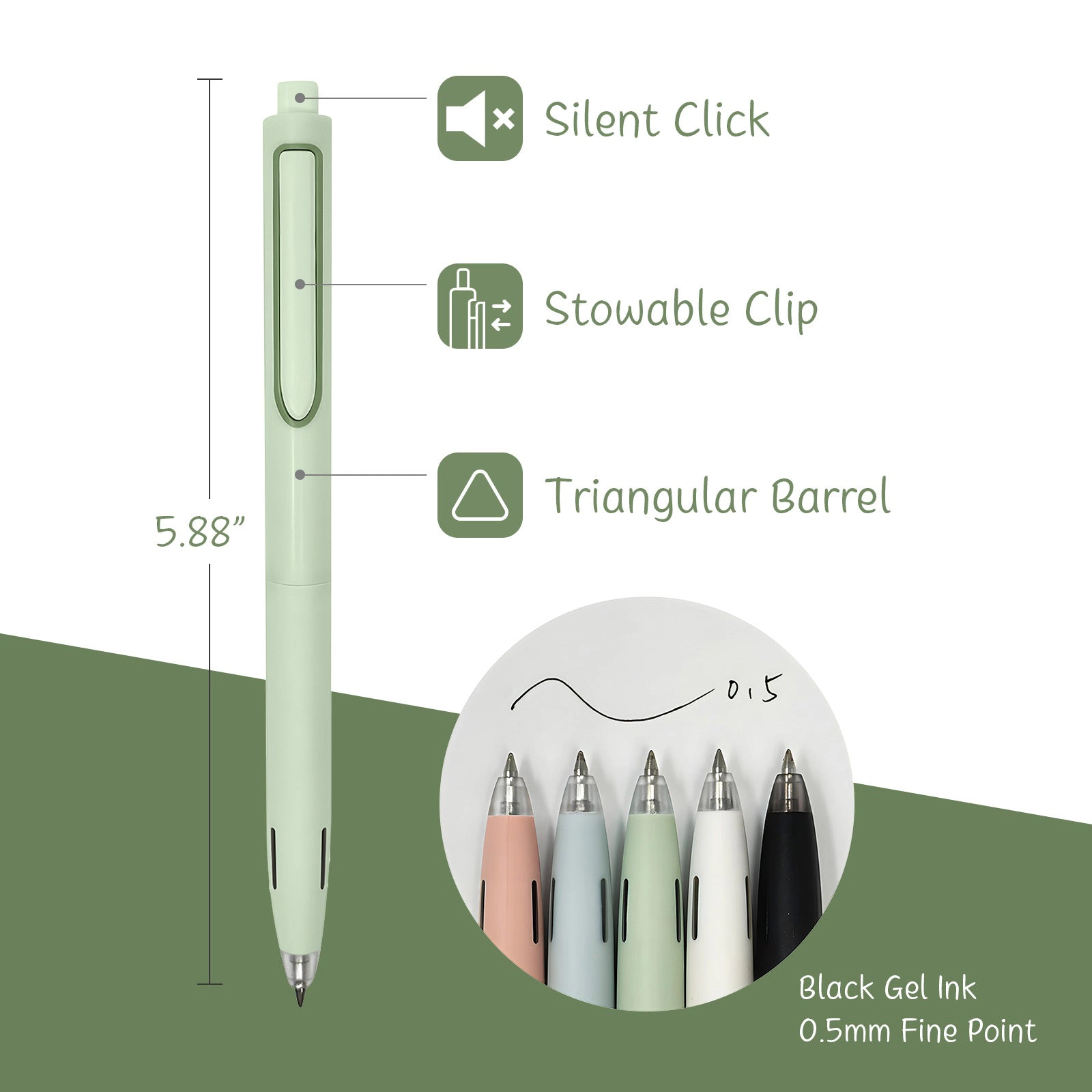 Wrapables Whisper Motion Silent Retractable Gel Pens, 0.5mm Fine Point Black Ink, Icy Oasis, Set of 5